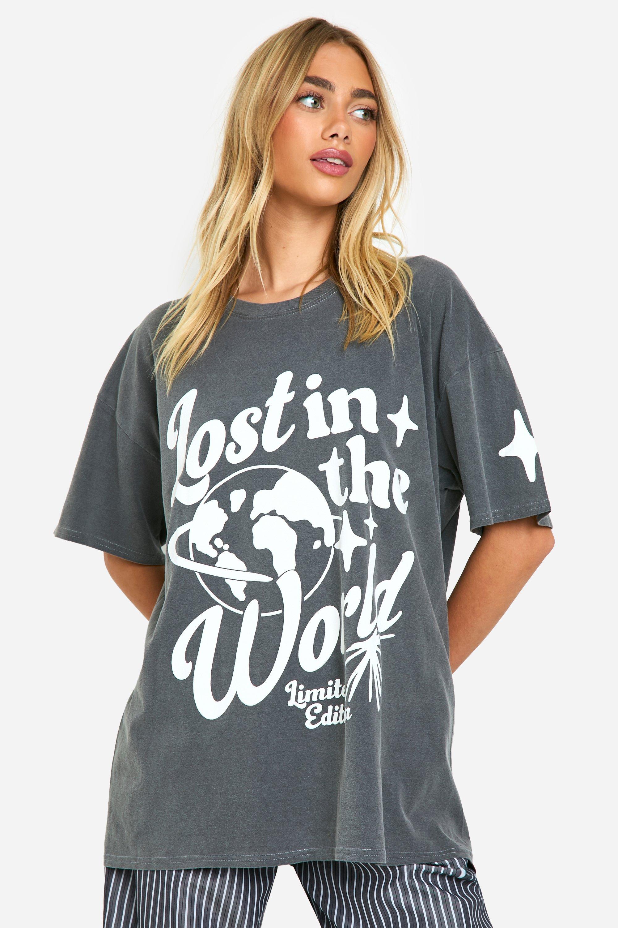 Womens Lost In The World Graphic Oversized T-Shirt - Grey - M, Grey