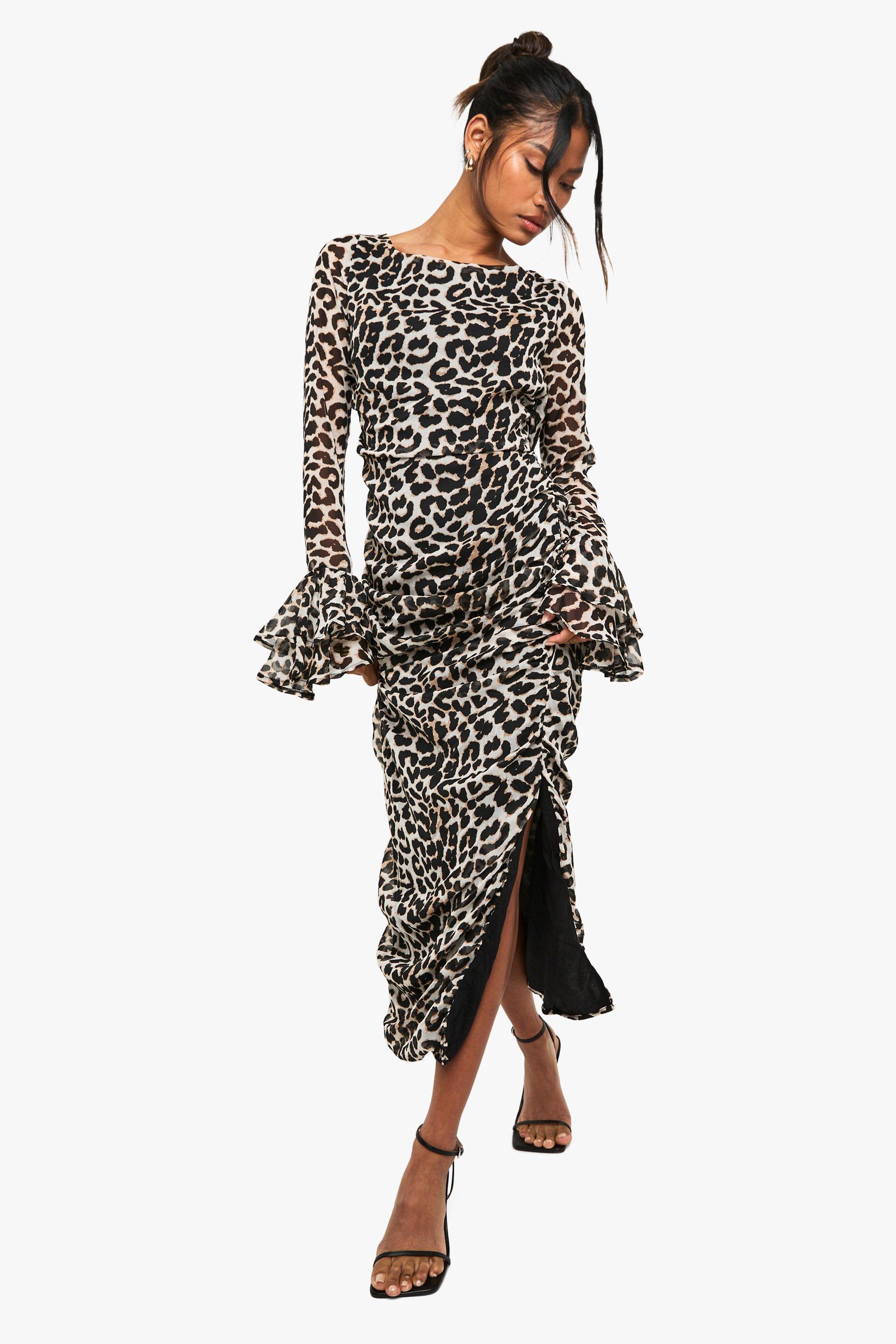 Image of Vestito longuette in chiffon leopardato con arricciature, Brown