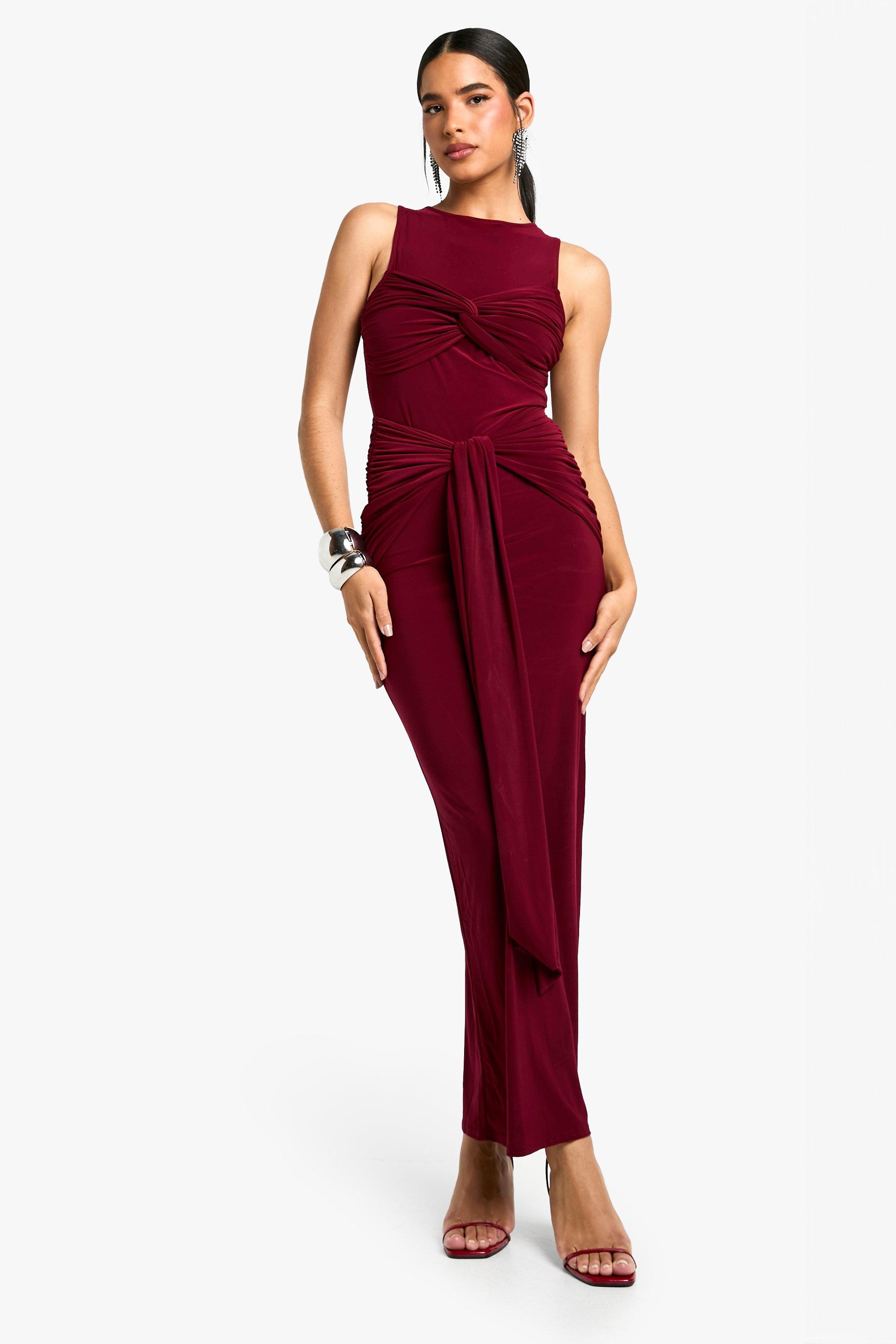 Boohoo Geplooide Gedraaide Maxi Jurk Met Racer Hals, Burgundy