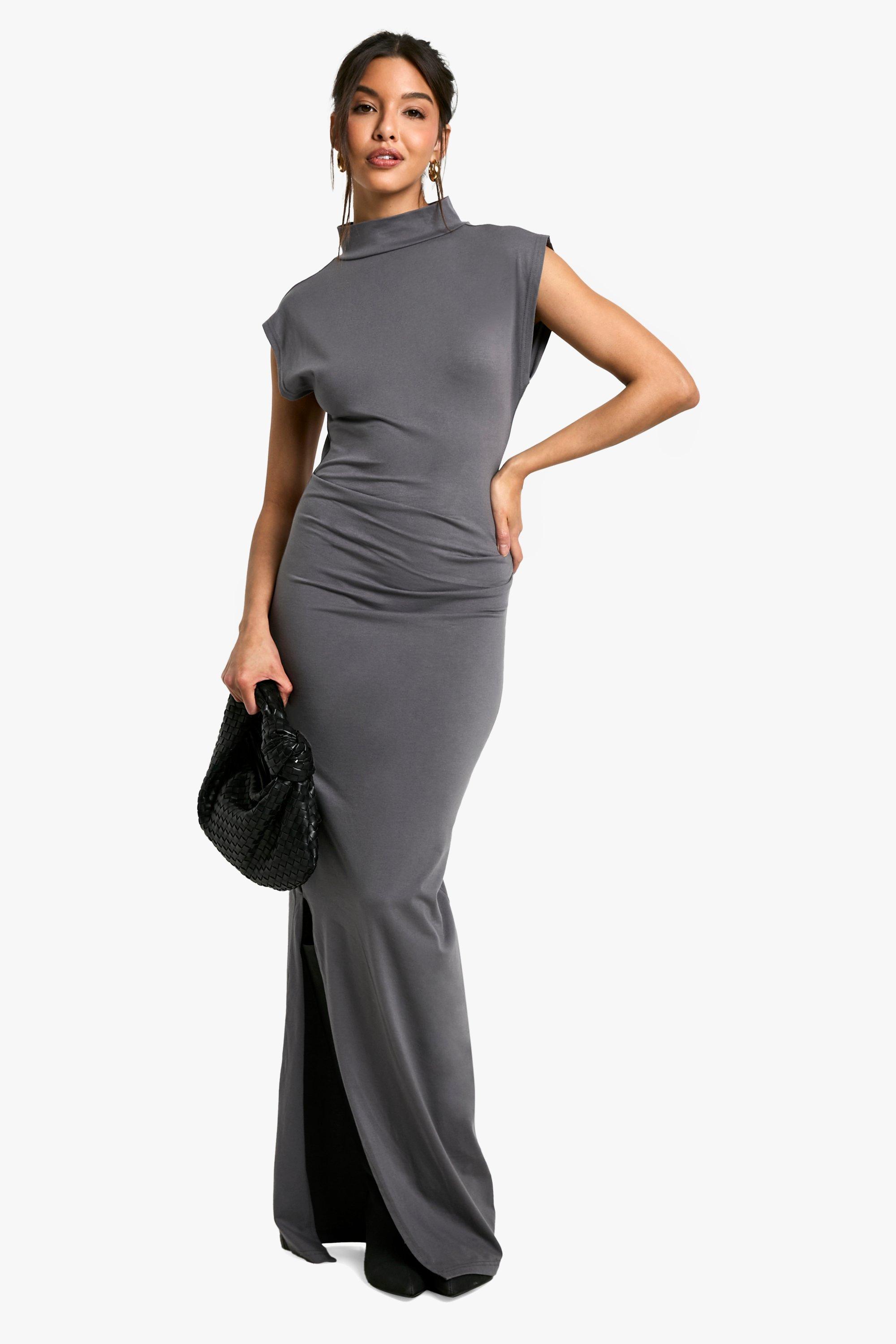 Image of Vestito longuette a collo alto con ruches, Grigio