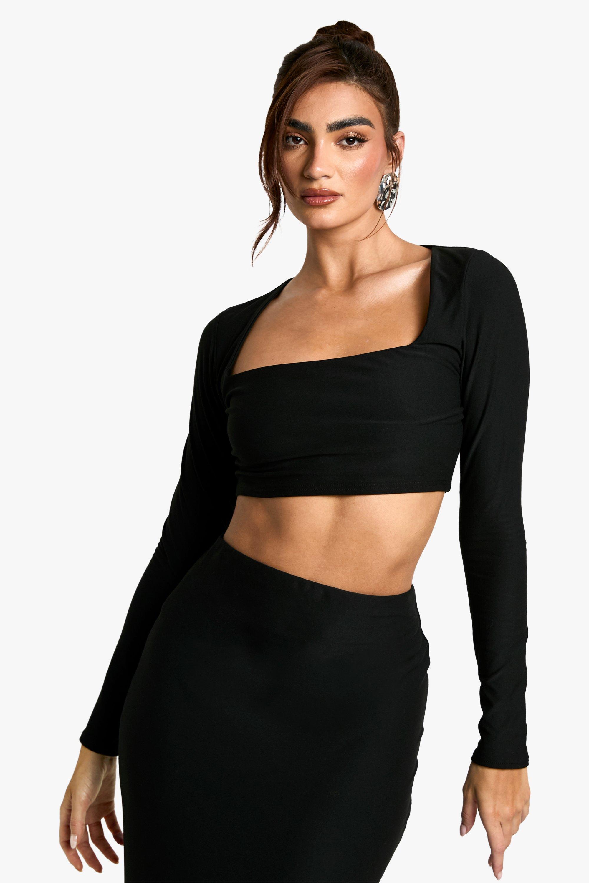 Boohoo Zachte Top Met Vierkante Hals En Lange Mouwen, Black