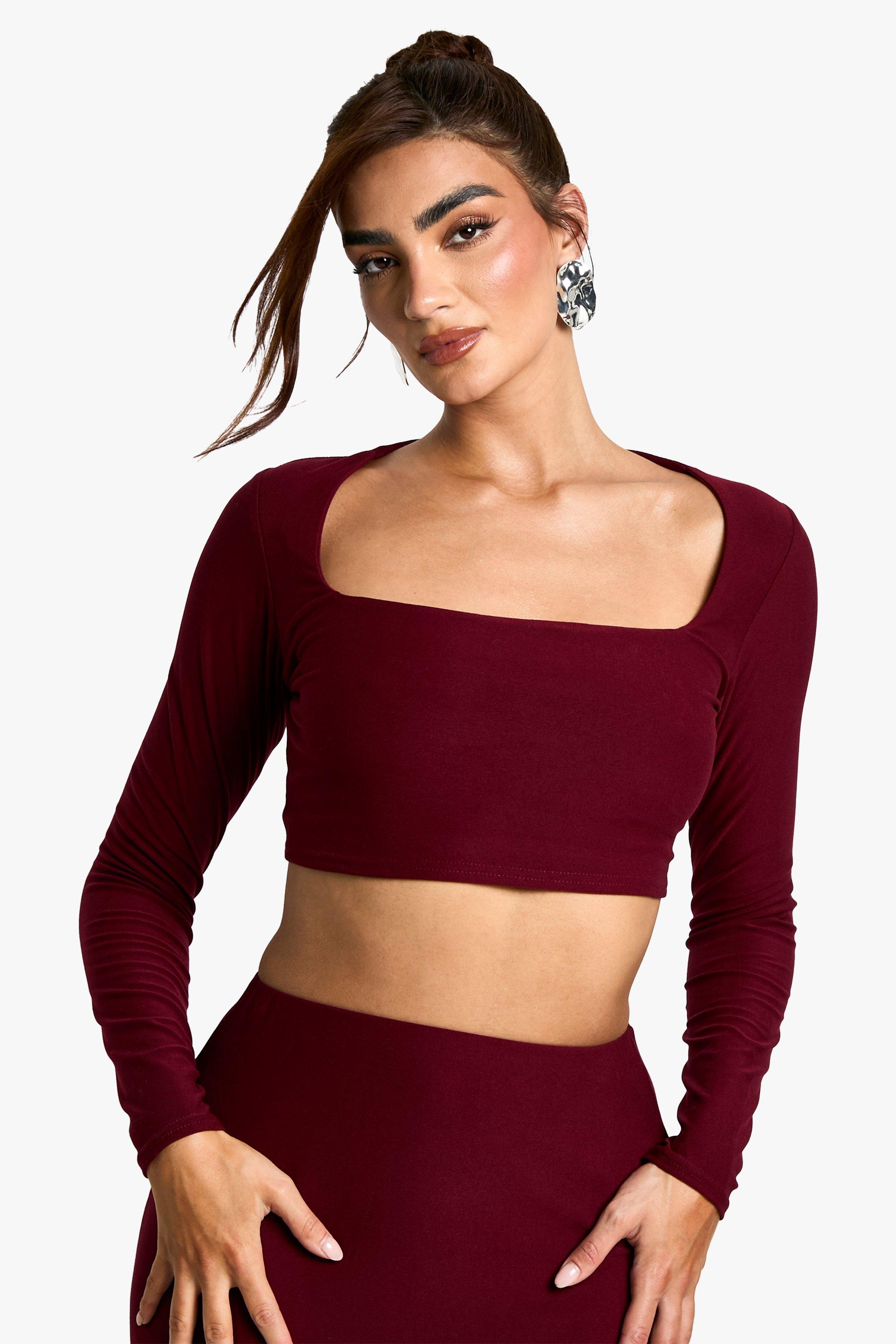 Boohoo Zachte Top Met Vierkante Hals En Lange Mouwen, Burgundy