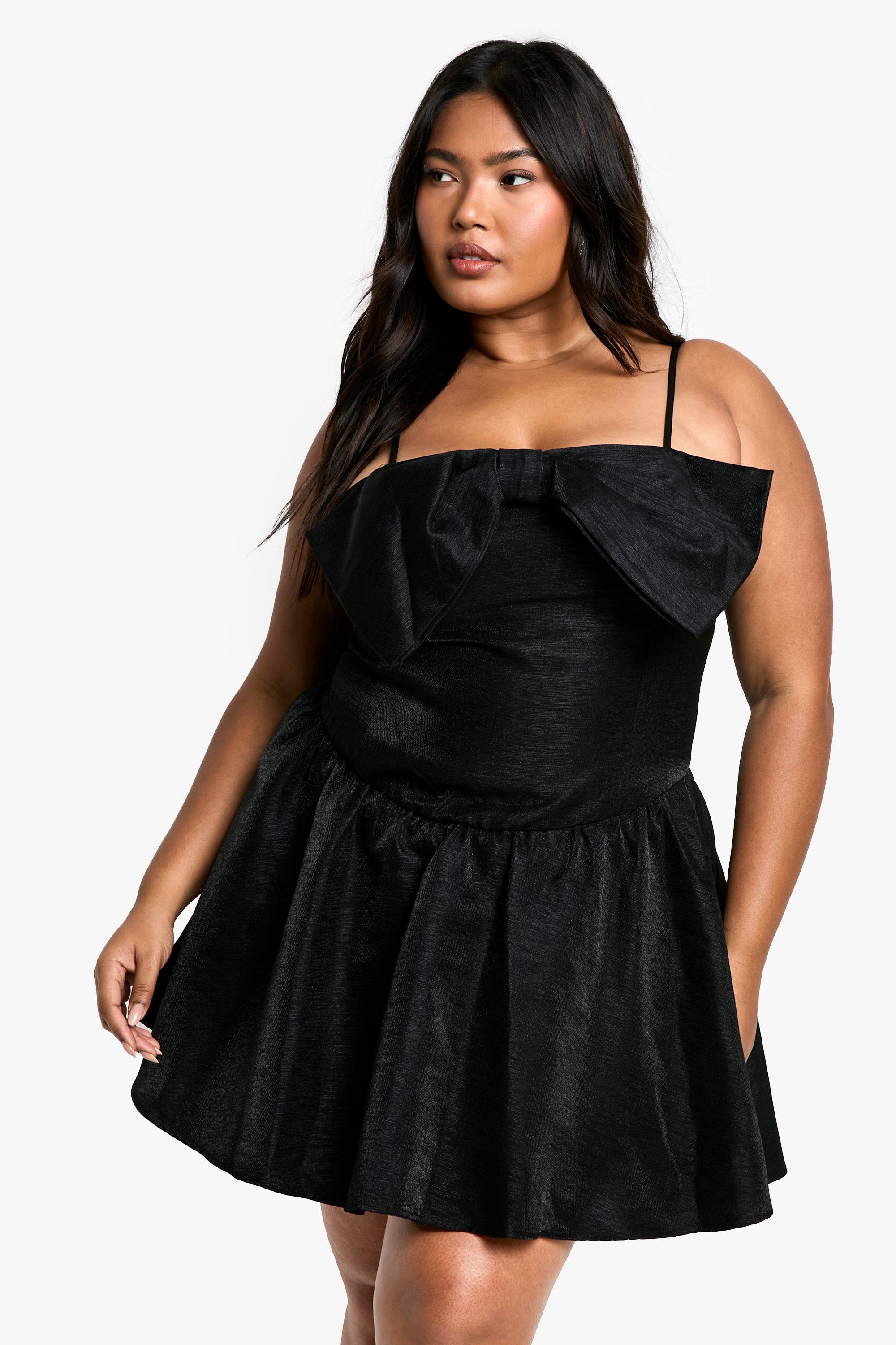 Image of Vestito Skater Plus Size con spalline e fiocco, Nero