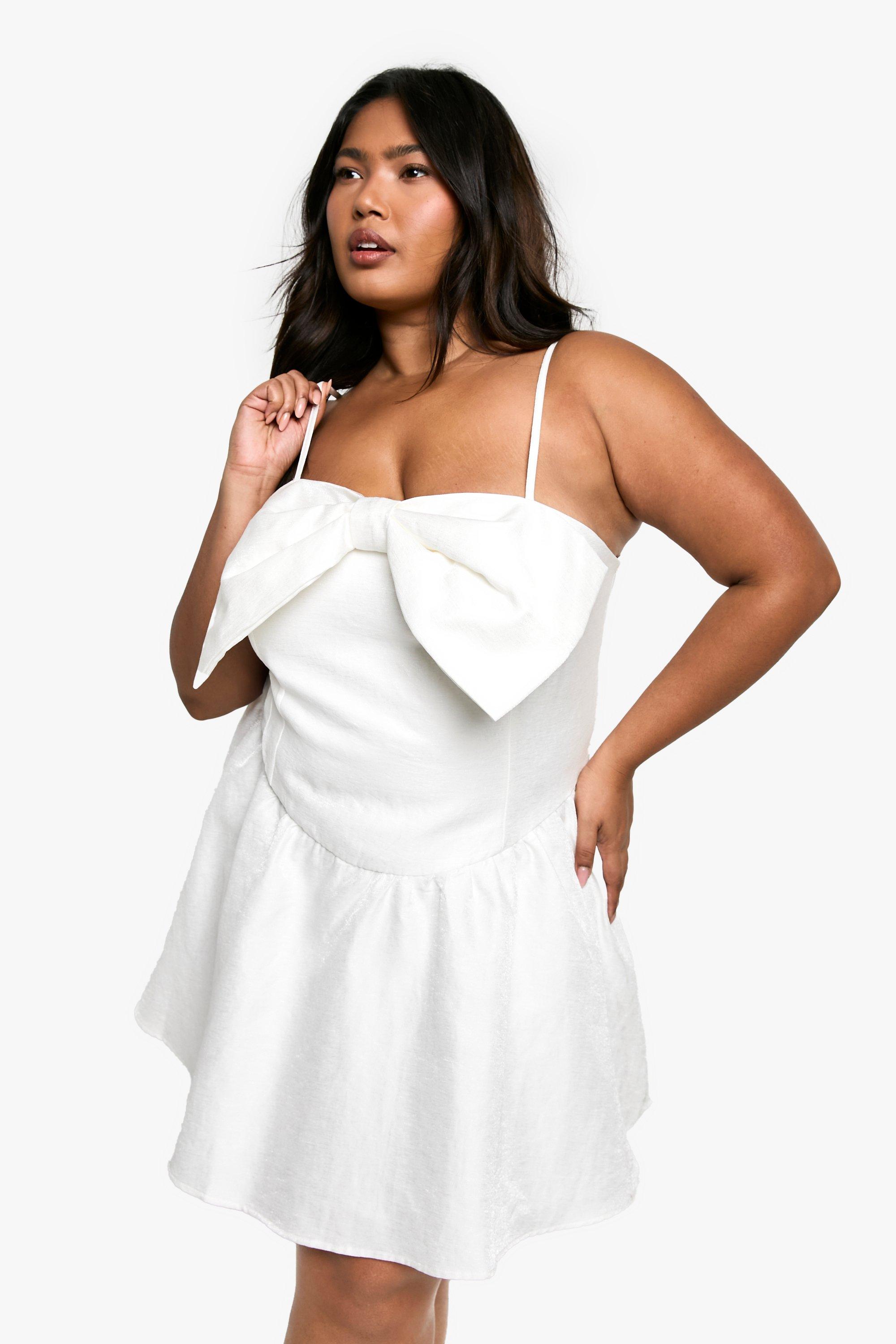 Image of Vestito Skater Plus Size con spalline e fiocco, Bianco