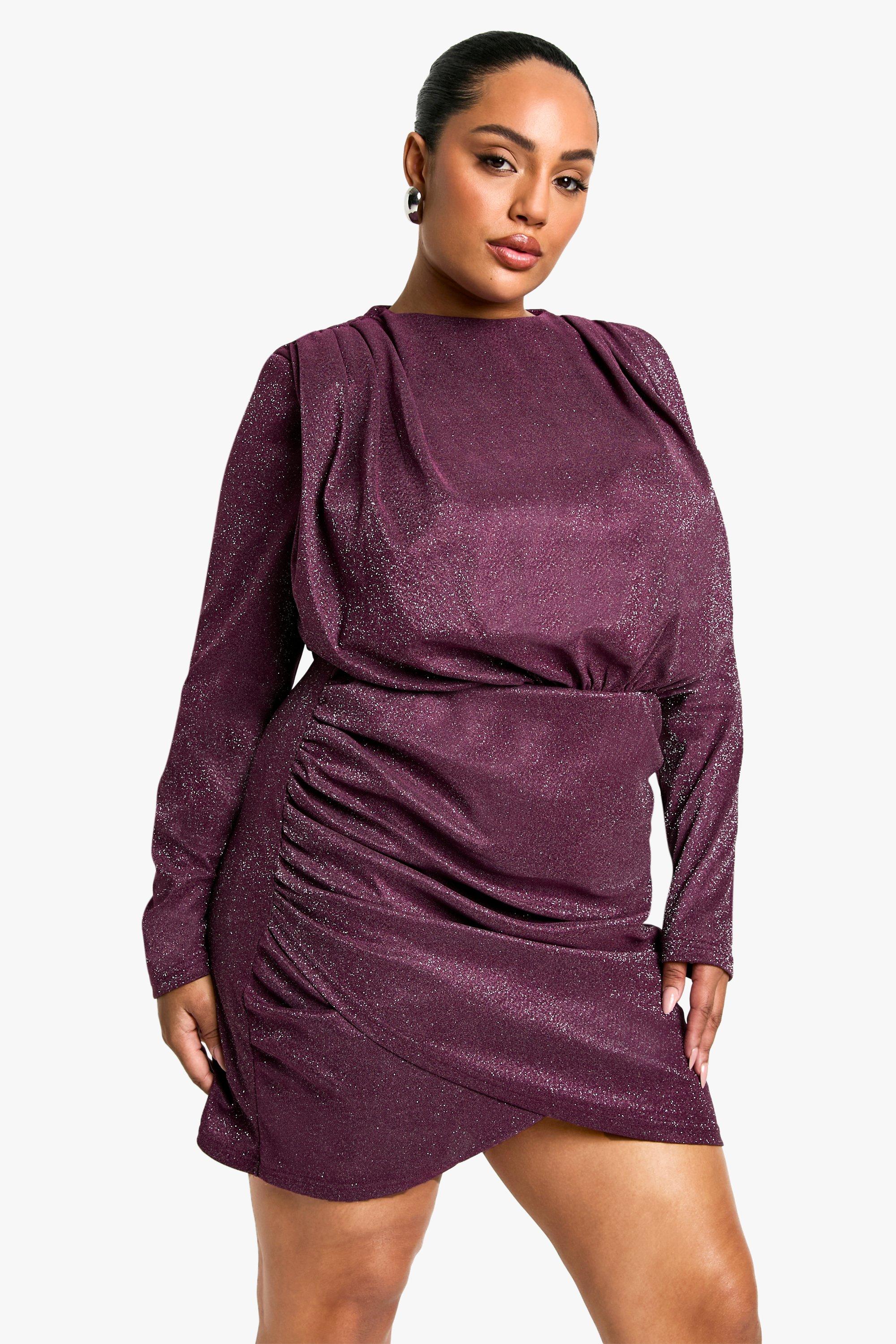 Boohoo Plus Geplooide Glitter Jurk Met Schouderpads, Plum