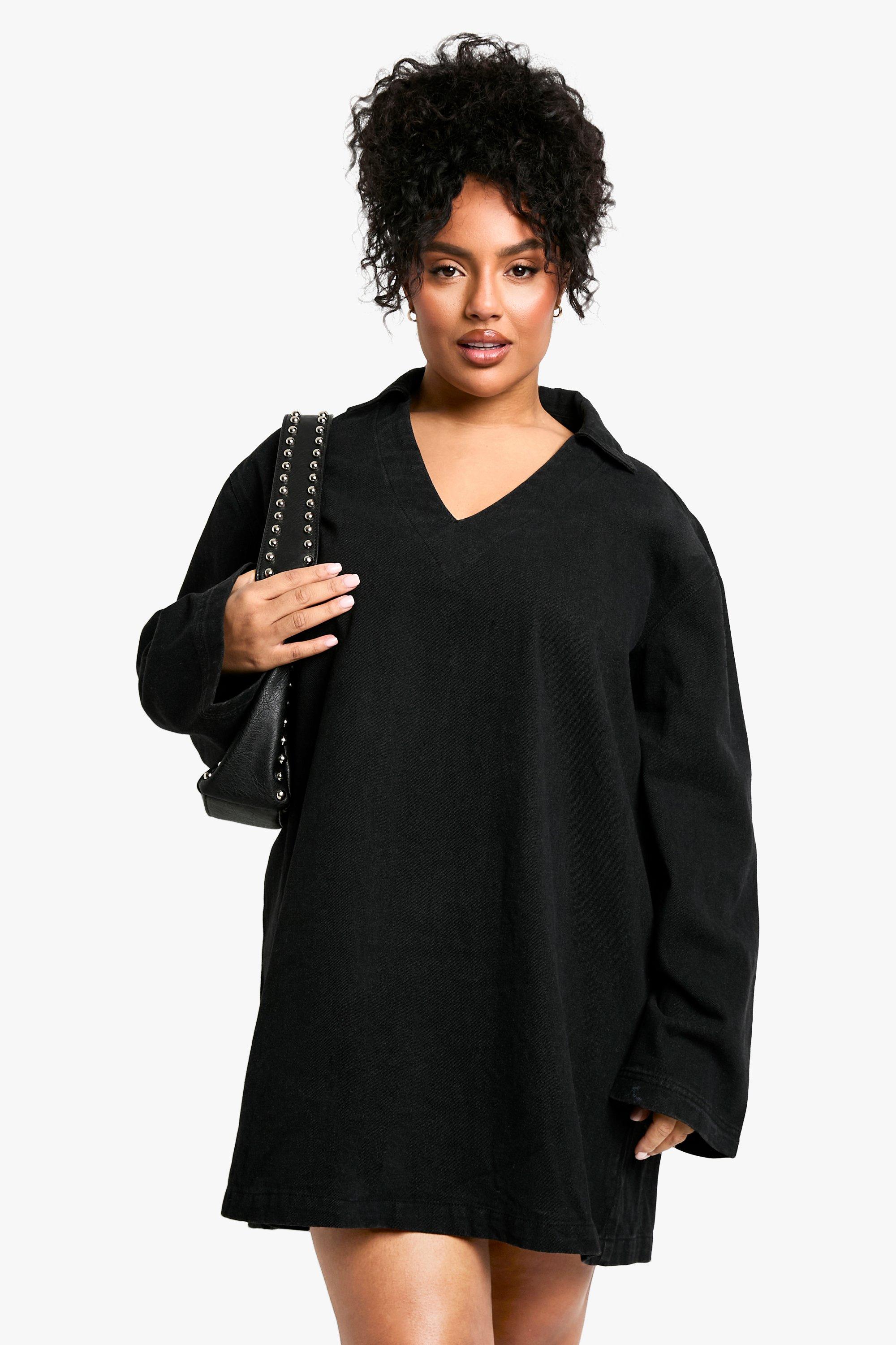 Image of Miniabito Plus Size in denim slavato nero con colletto stile polo, Nero