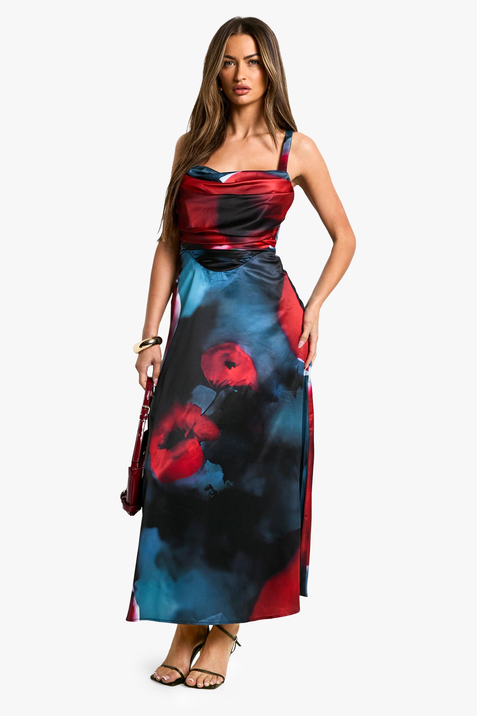 Image of Vestito longuette a corsetto in raso a fiori, Nero