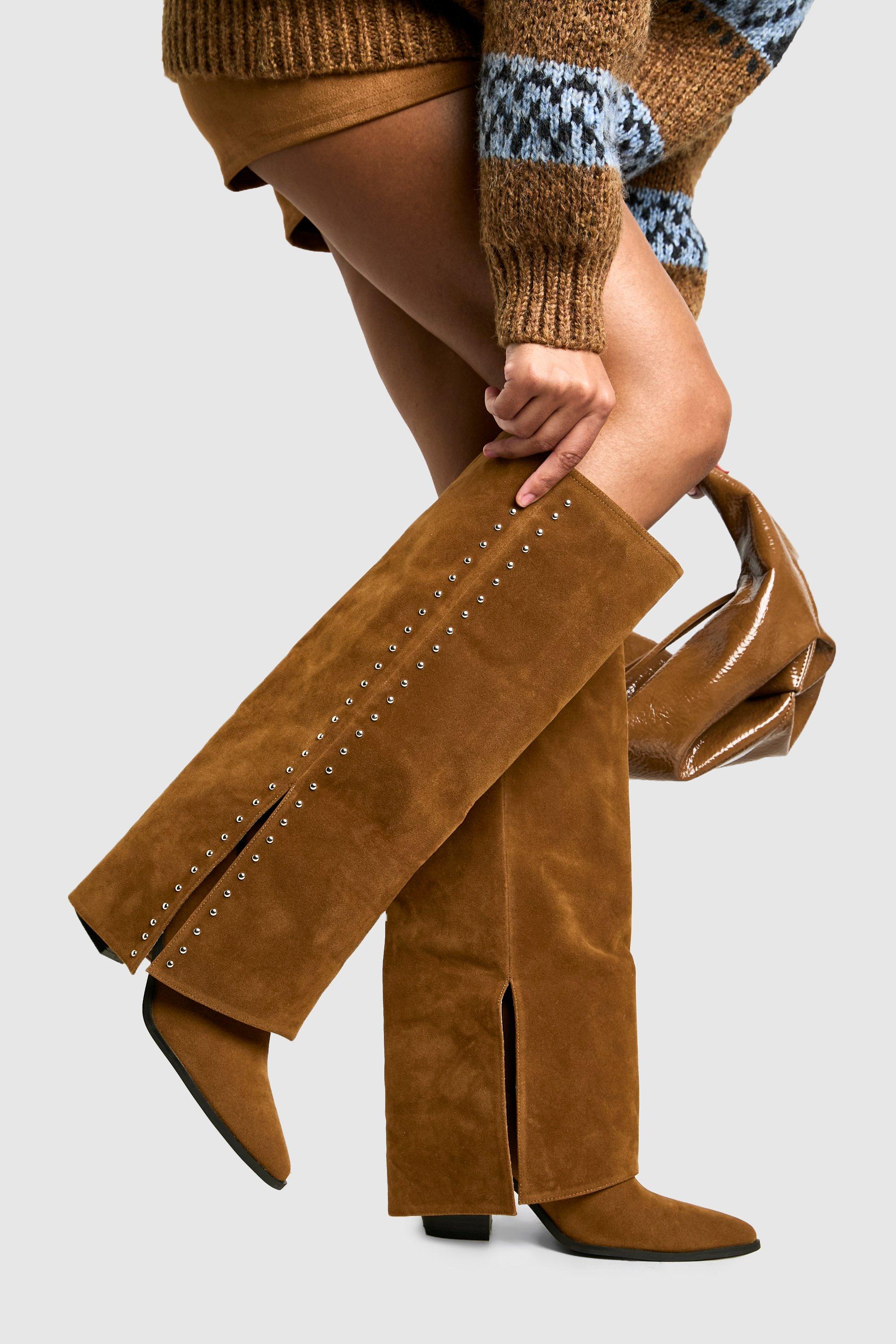 Boohoo Versleten Nep Suède Laarzen Met Studs, Brown