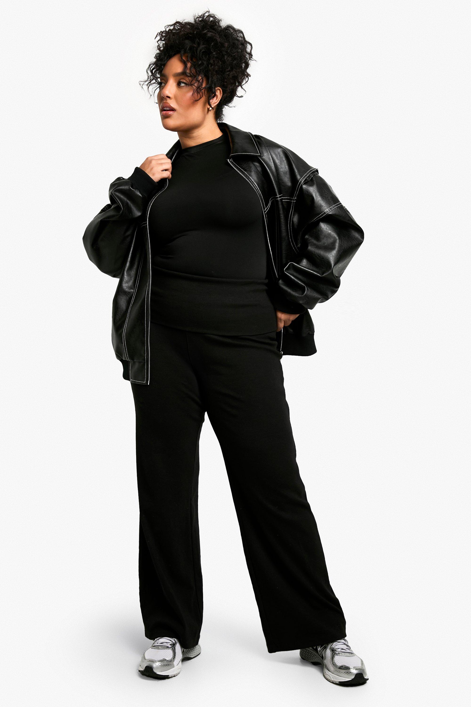 Image of Pantaloni dritti Plus Size a coste pesanti con risvolto in vita, Nero