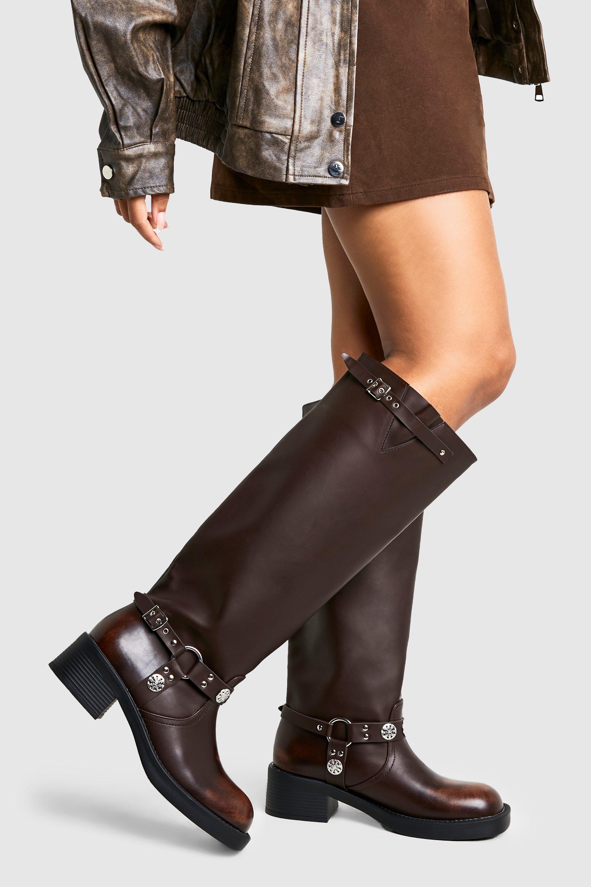 Boohoo Brede Western Knielaarzen Met Gesp Detail, Brown