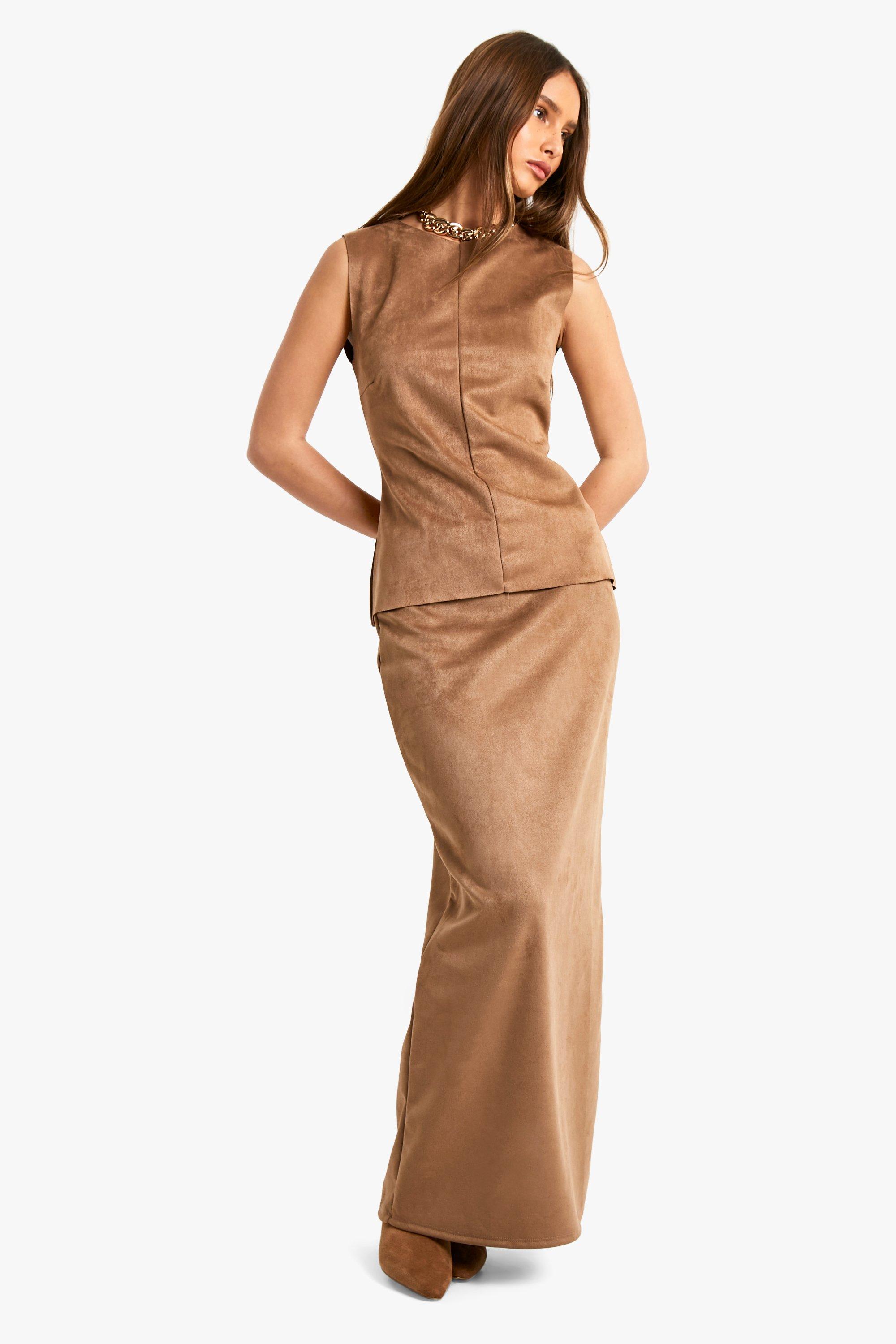 Boohoo Suède Maxi Rok, Beige