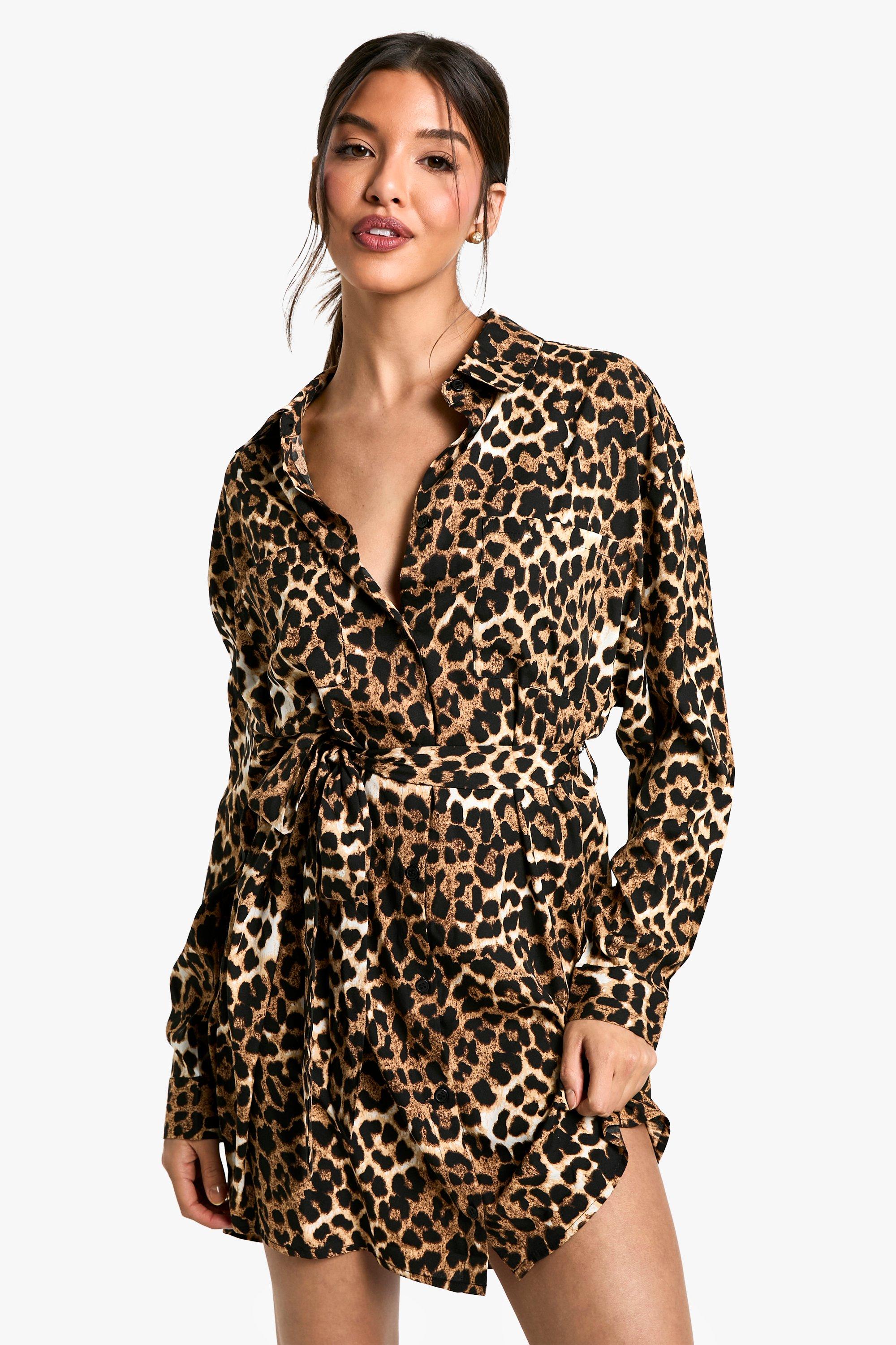 Boohoo Luipaardprint Blouse Jurk Met Vleermuismouwen En Ceintuur, Brown