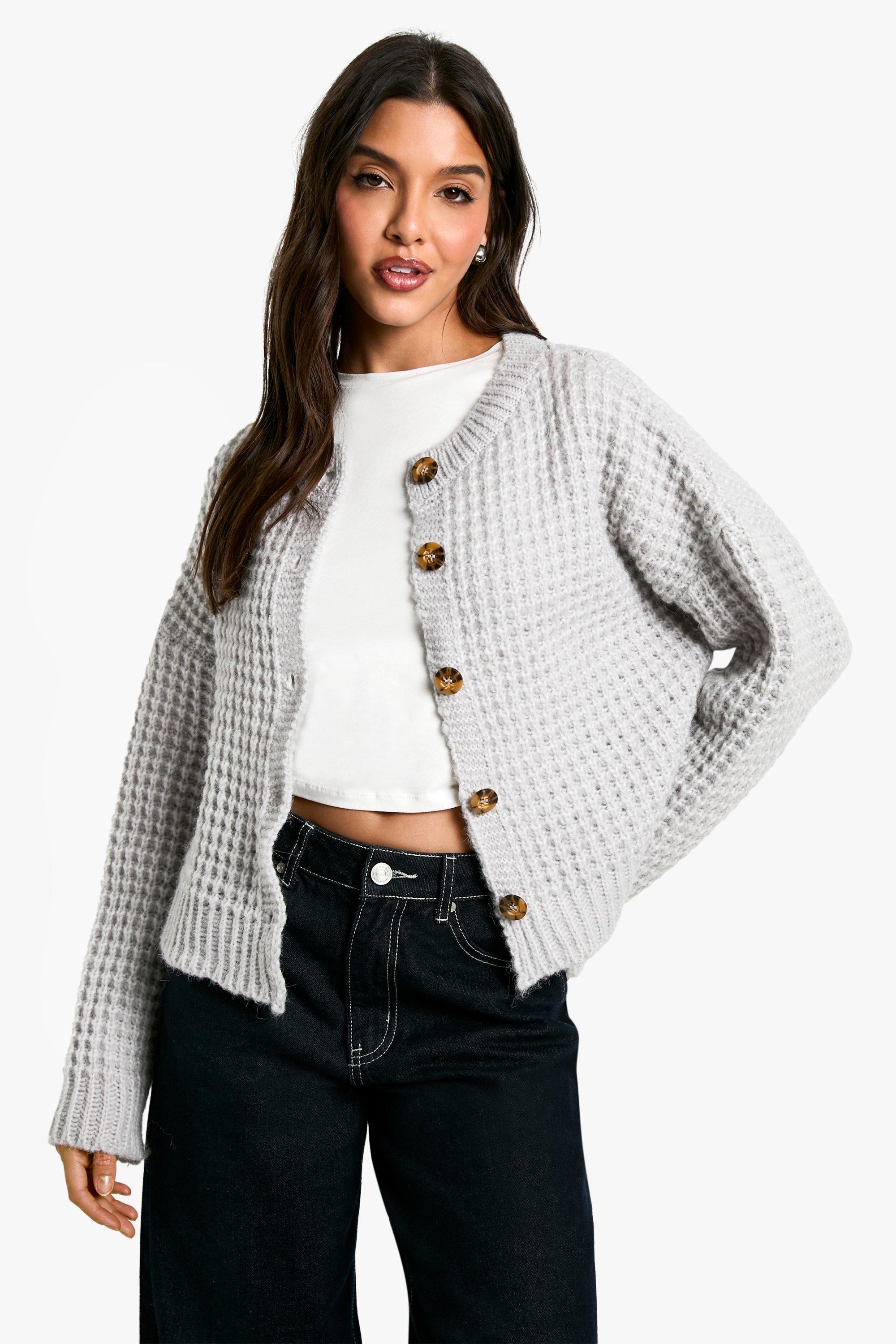 Boohoo Gebreide Premium Cardigan Met Dikke Stiksels En Knopen, Grey Marl