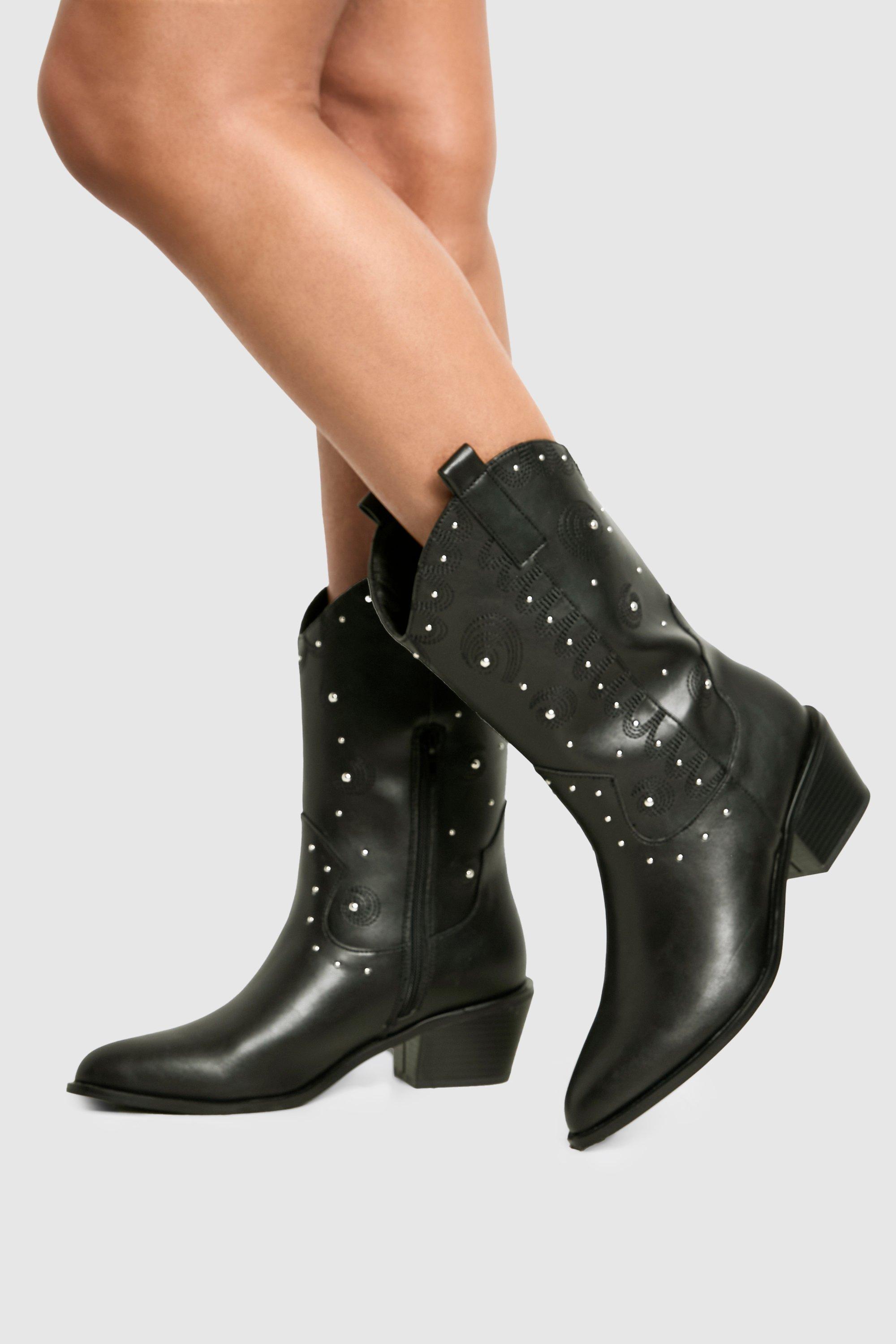 Boohoo Western Laarzen Met Studs, Reliëf En Hak, Black