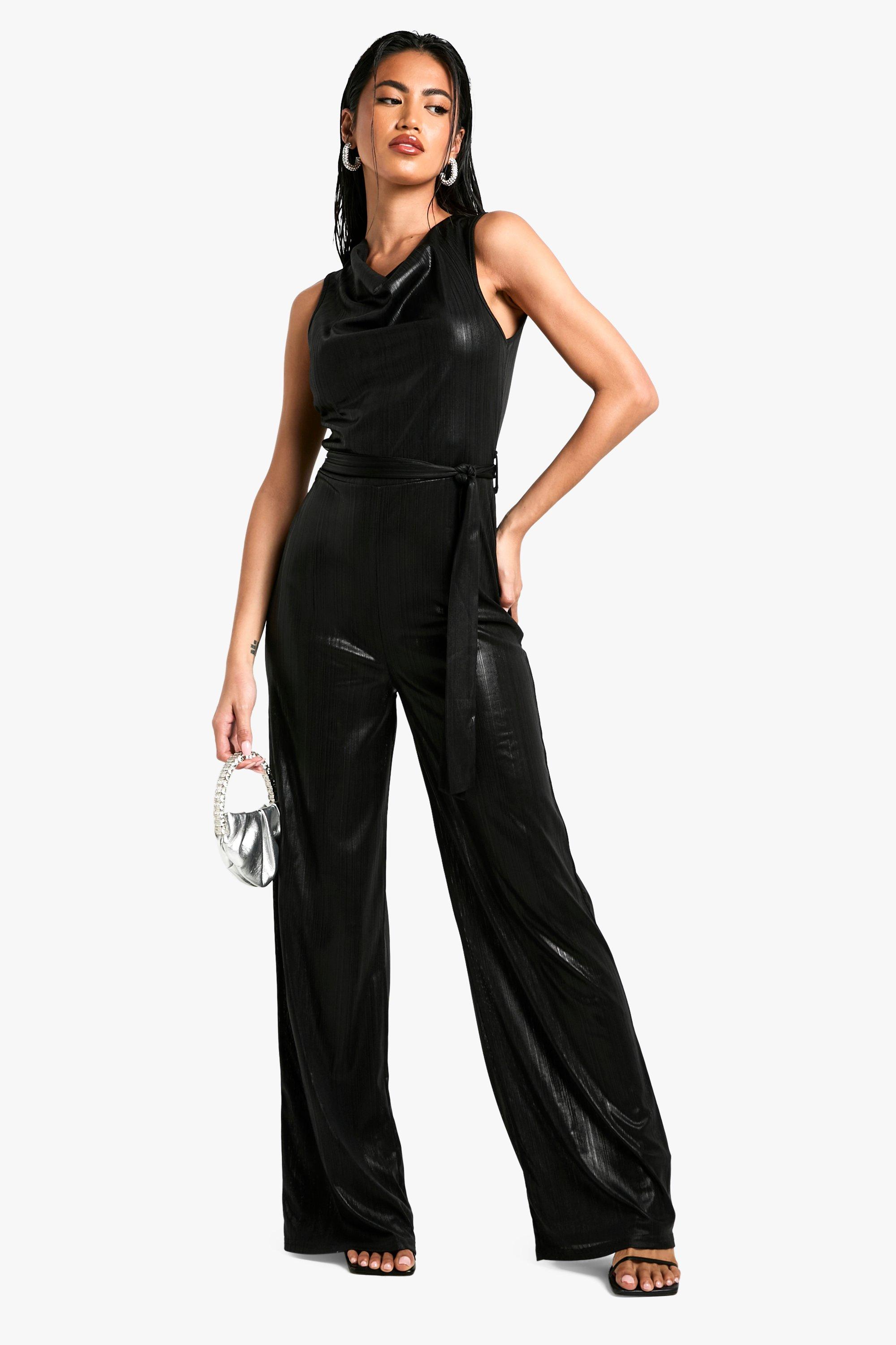 womens metallic foil cowl neck jumpsuit - black - 8, black