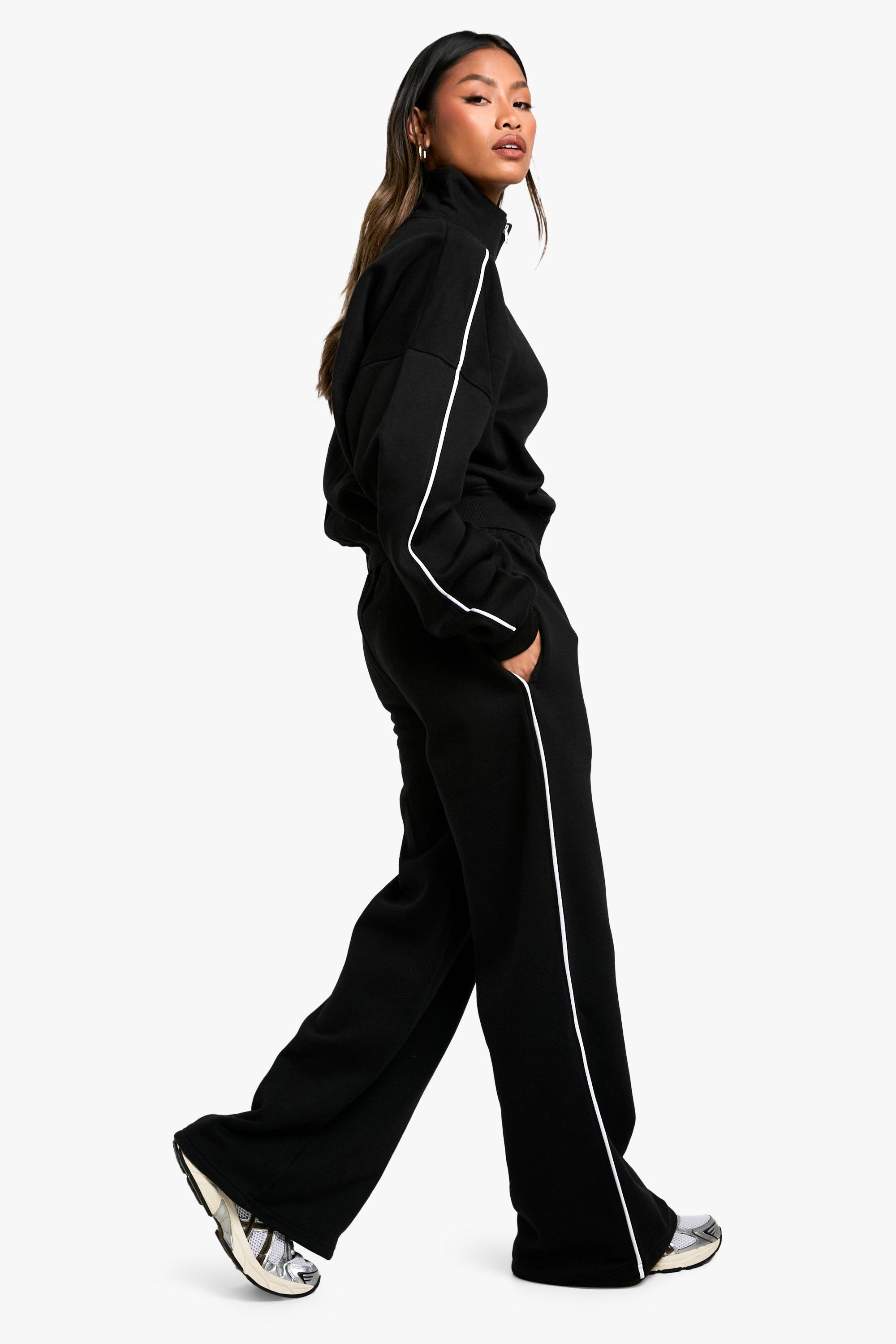 Womens Piping Detail Zip Through Straight Leg Tracksuit - Black - L, Black