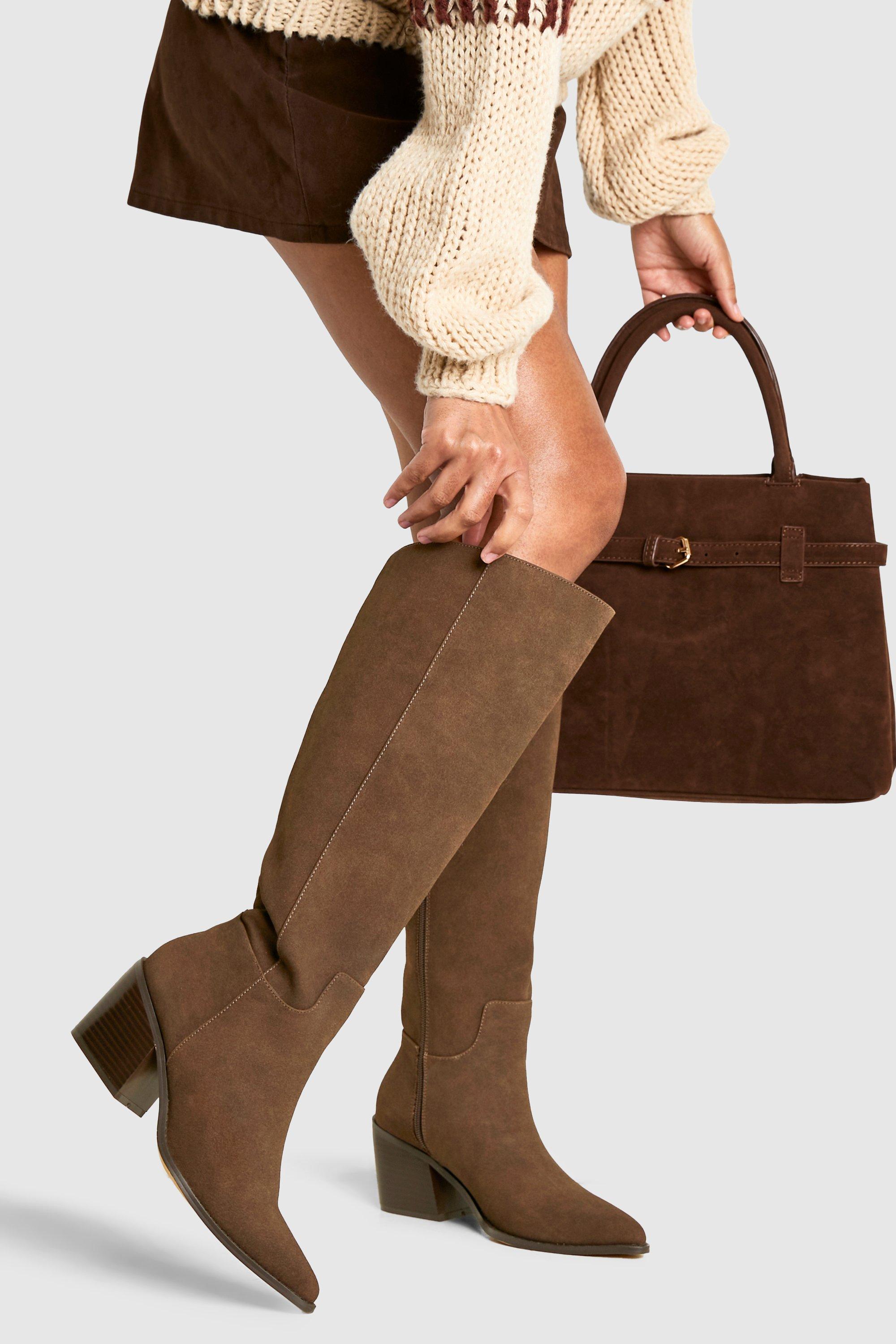 Boohoo Brede Nubuck Cowboylaarzen, Choc Brown