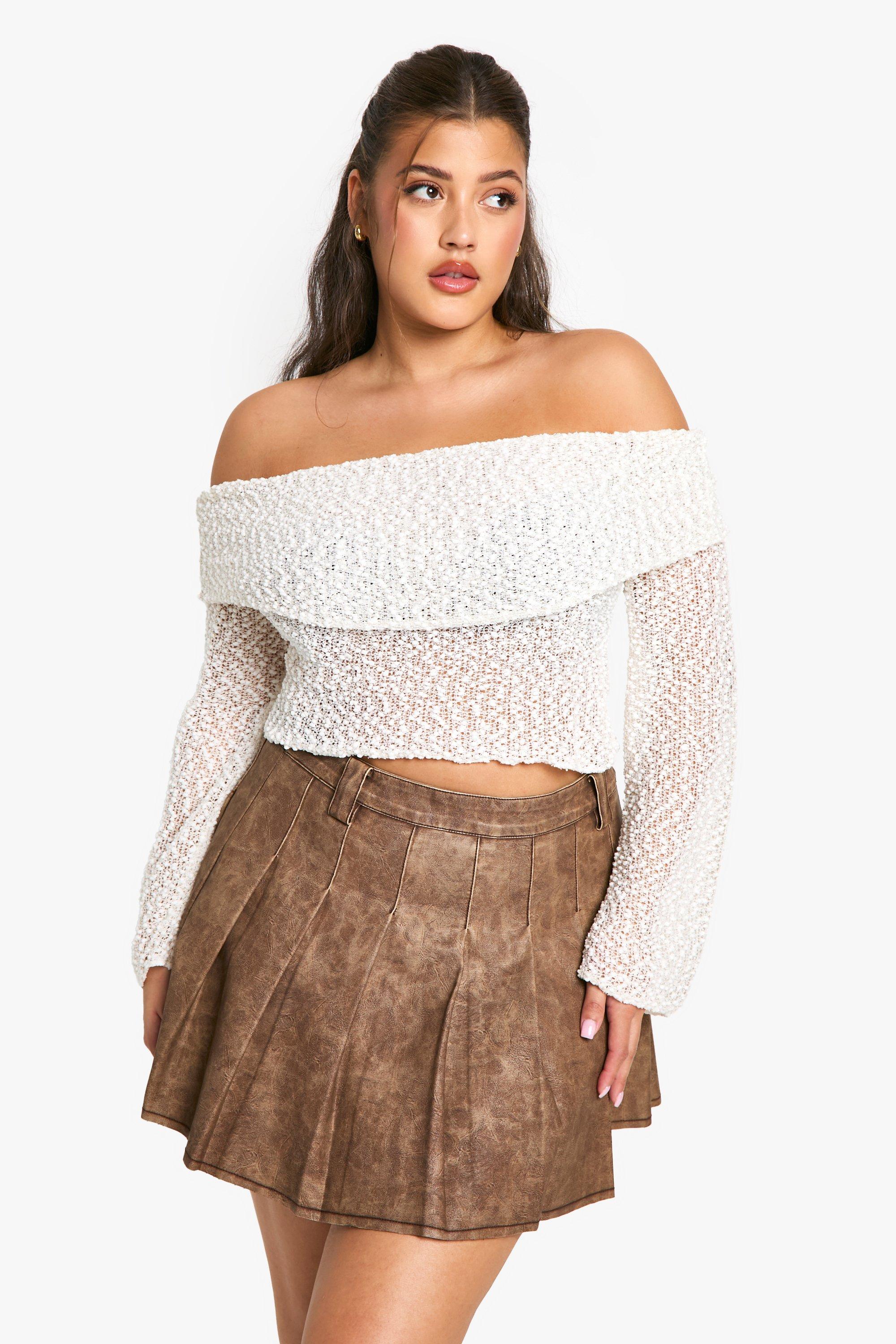 Boohoo Plus Boucle Fold Over Bardot Top, White