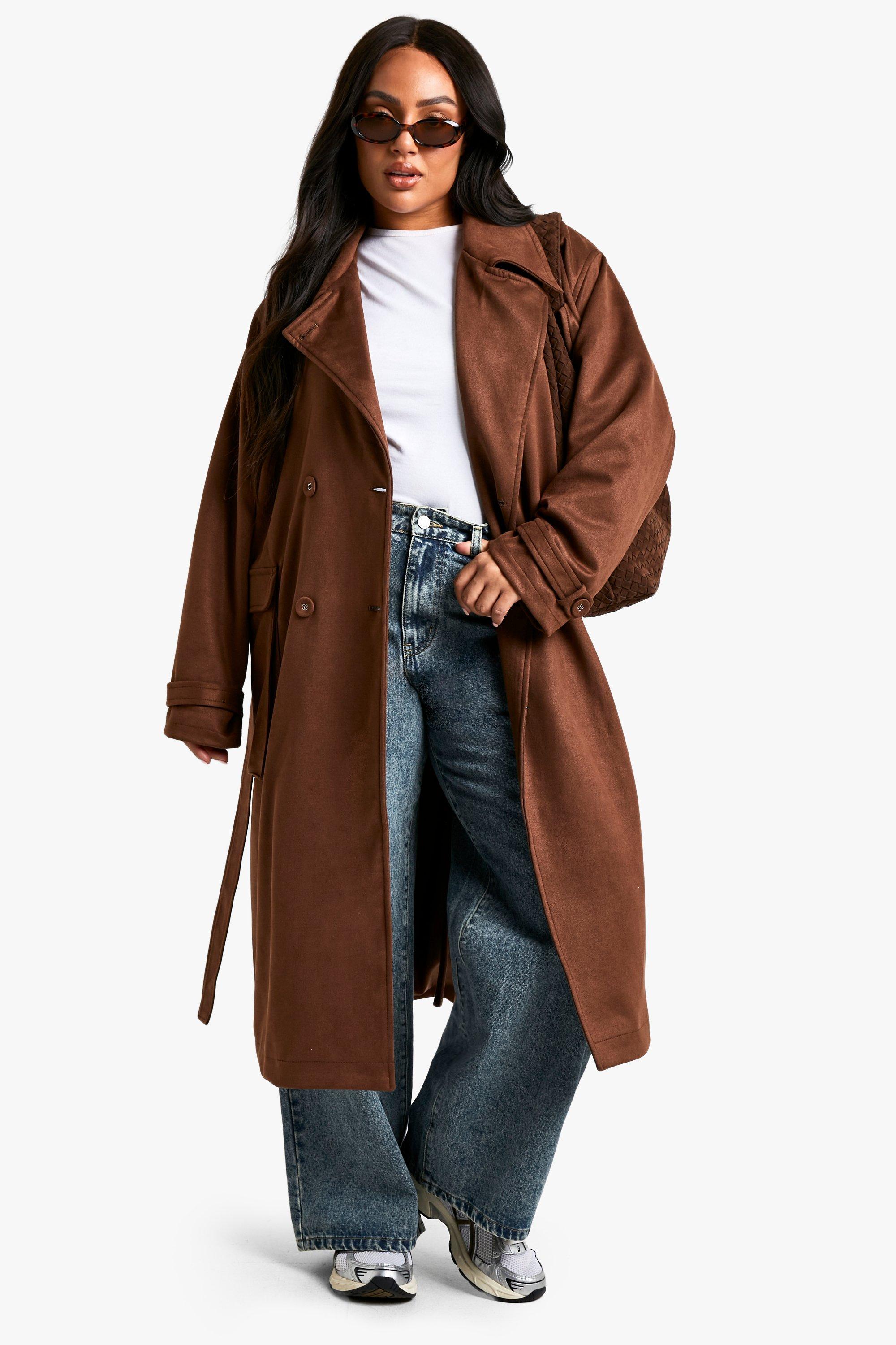 Image of Cappotto Trench Plus Size in scamosciato con cintura, Brown