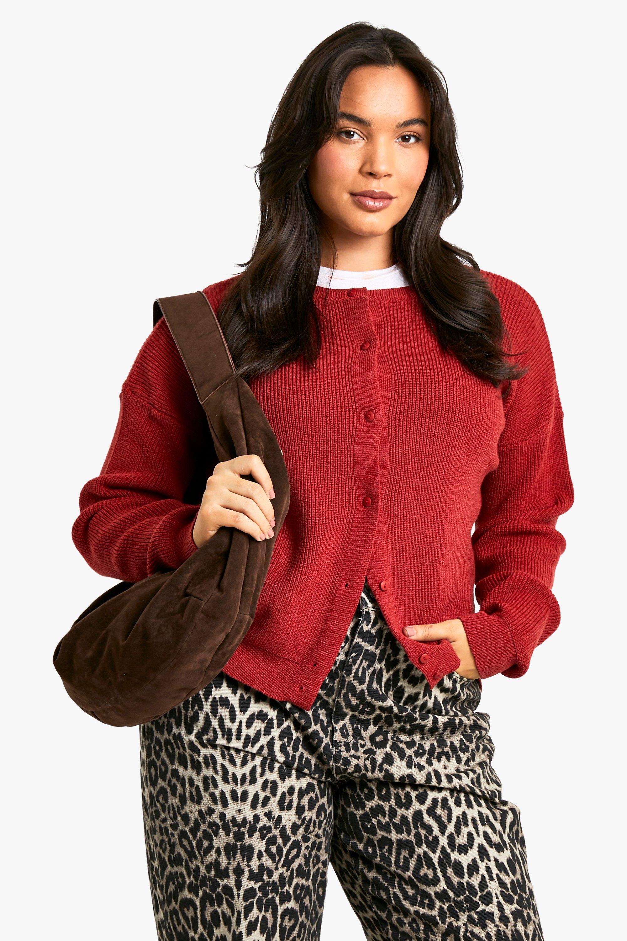 Boohoo Plus Fijn Gebreide Cardigan Met Crewneck, Burgundy