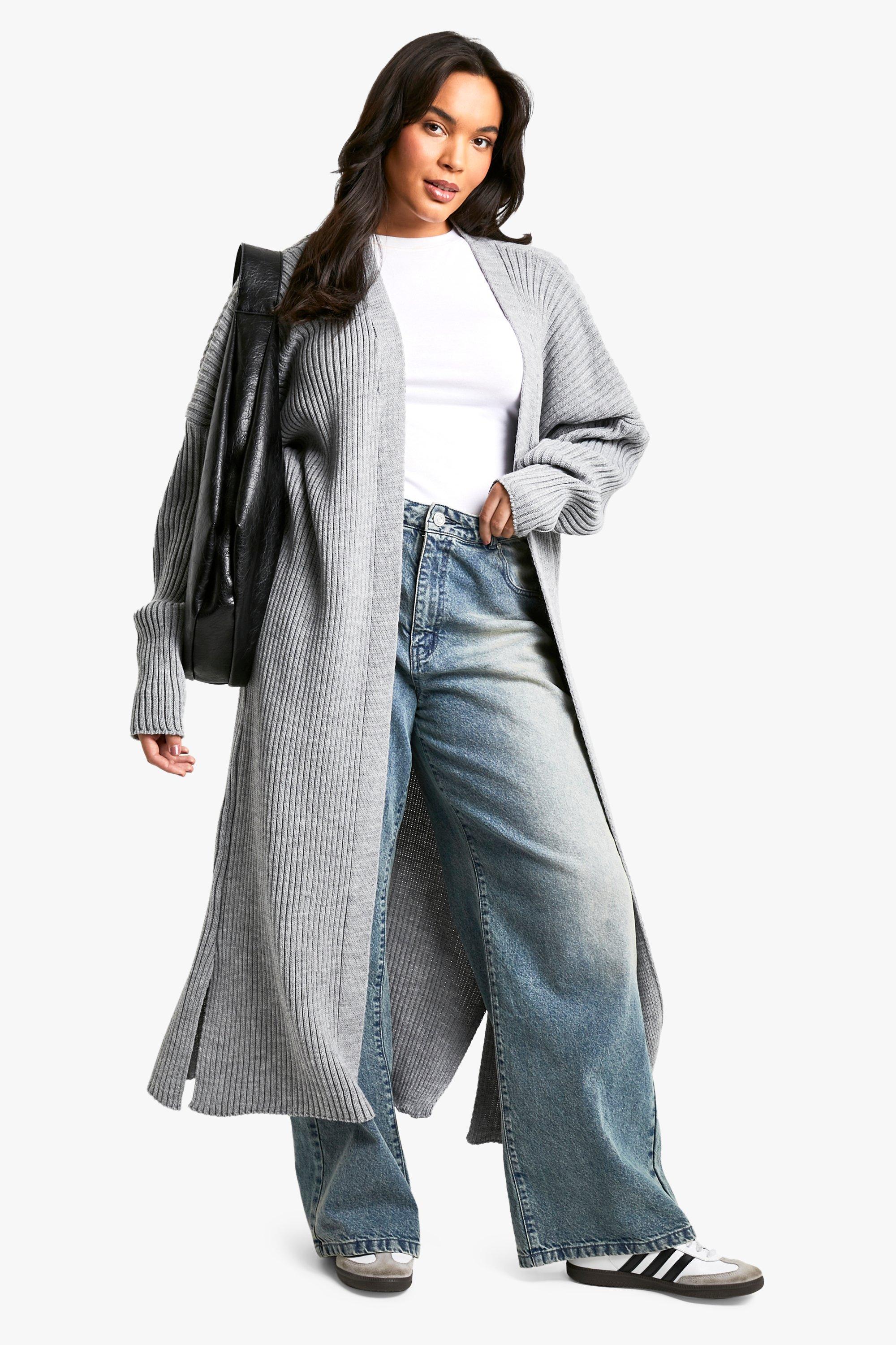 Boohoo Plus Oversized Gebreide Maxi Cardigan, Light Grey