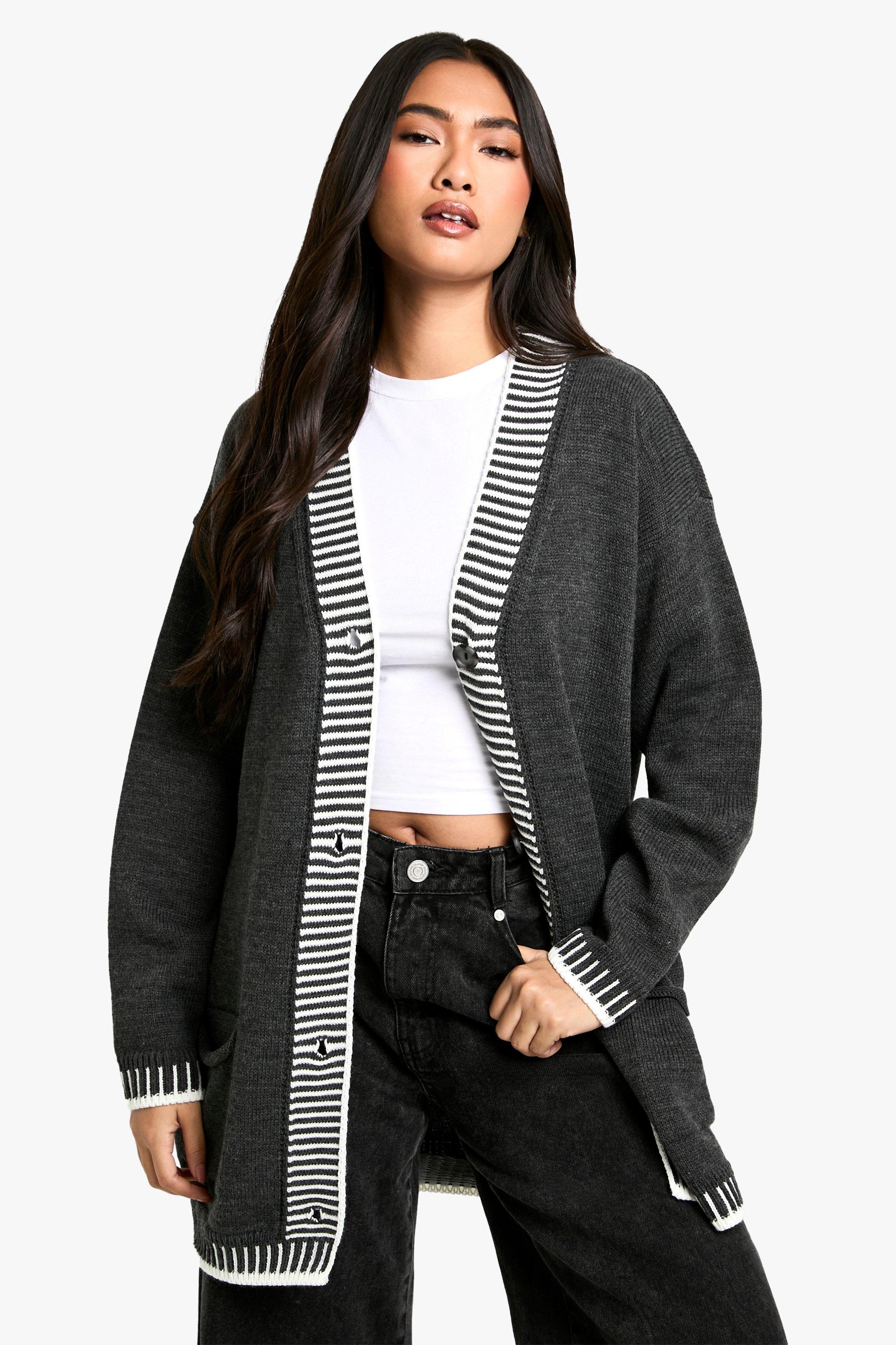 Boohoo Oversized Gebreide Cardigan Met Contrasterende Stiksels, Charcoal