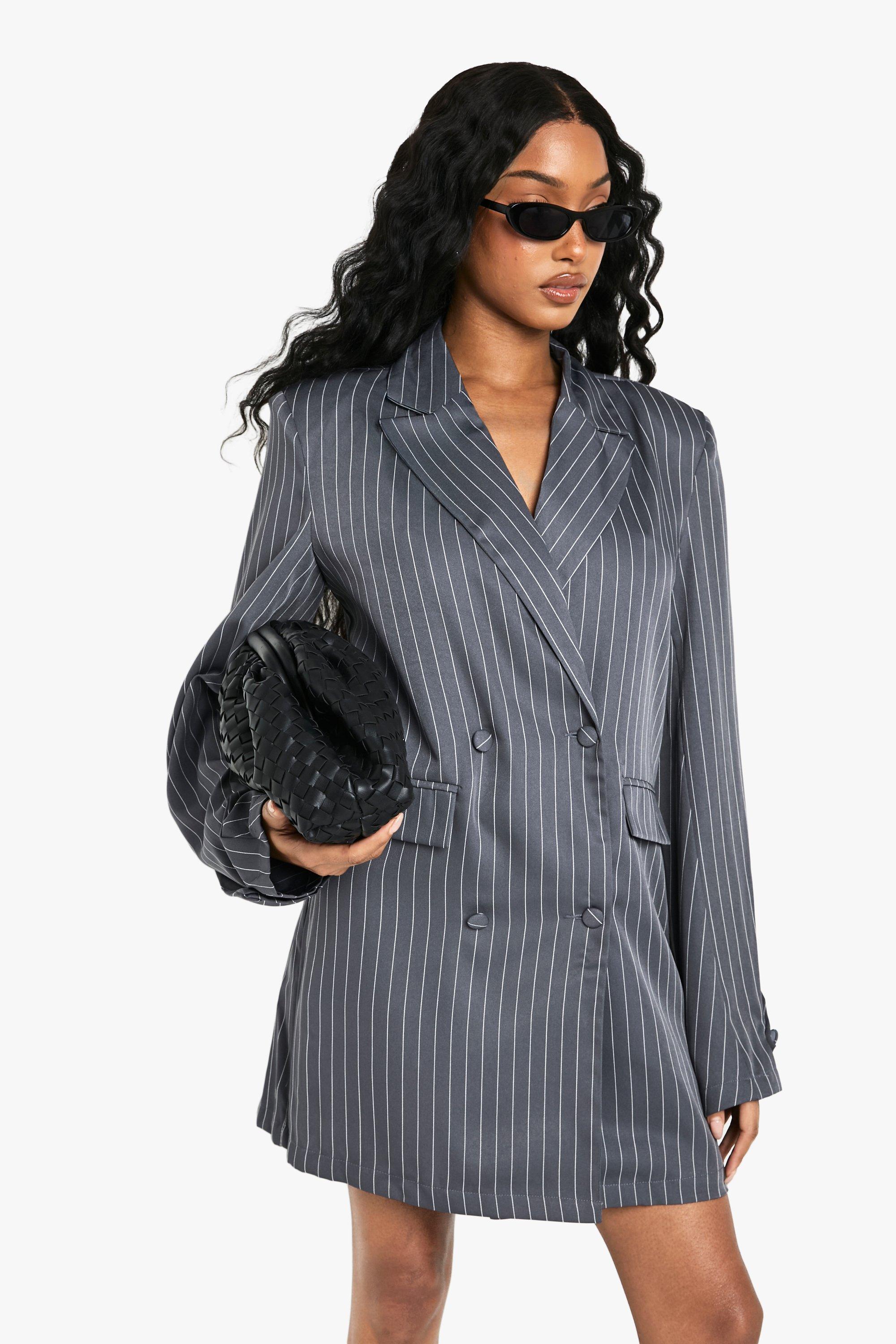 Image of Blazer oversize a righe con tasche frontali, Grigio