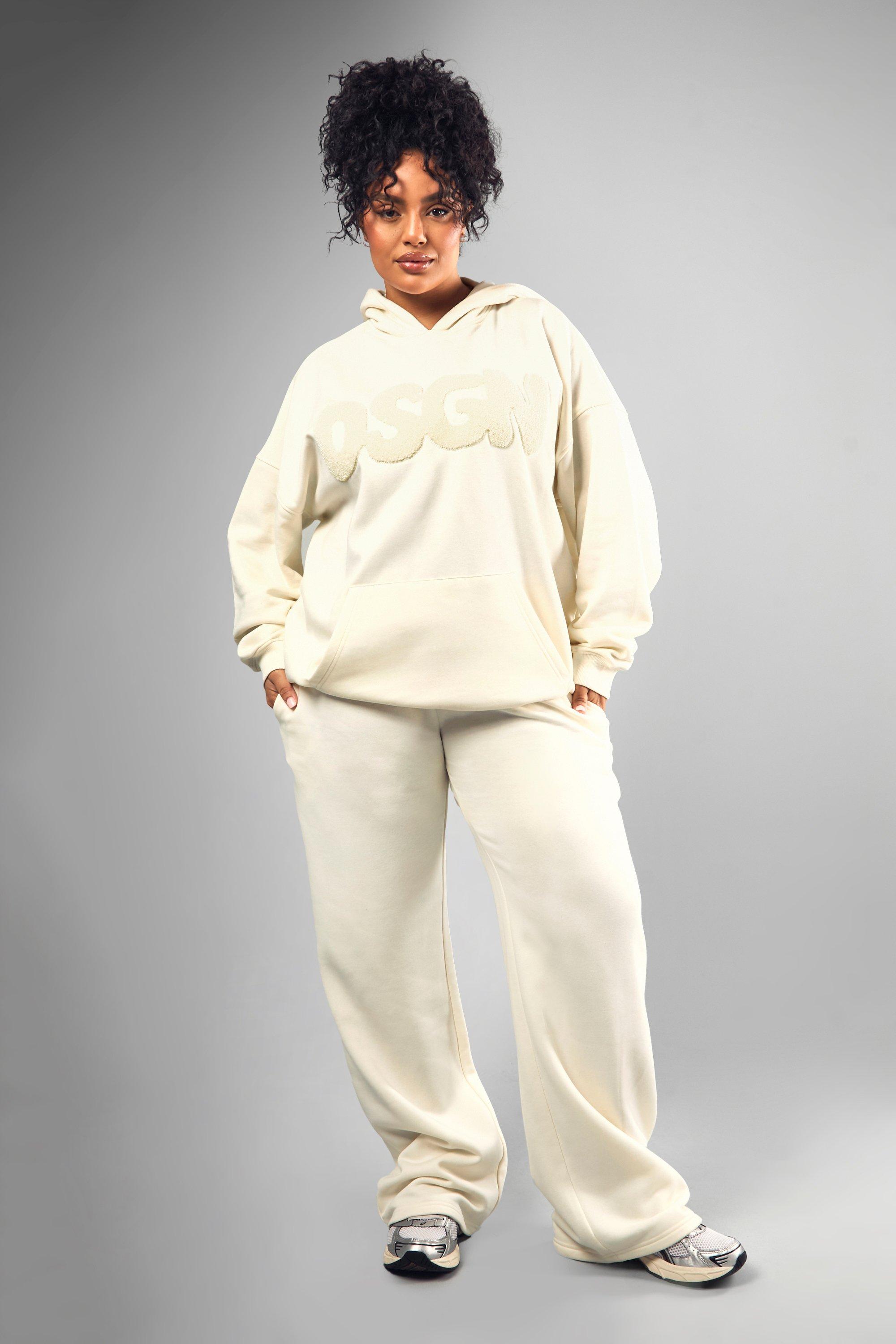 Image of Pantaloni tuta dritti Plus Size Dsgn con applique in spugna, Bianco