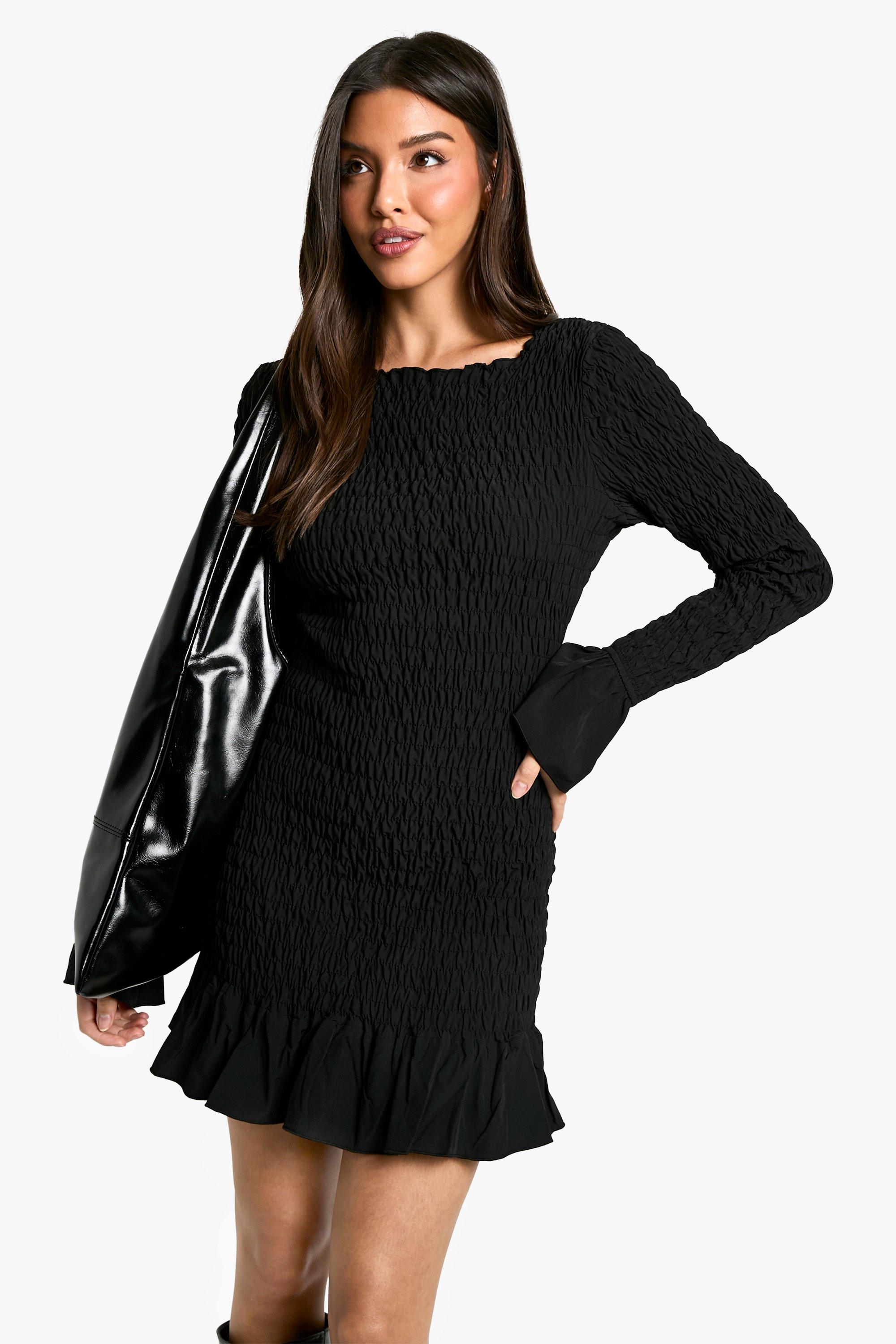 Boohoo Geplooide Mini Jurk Met Lange Mouwen, Black