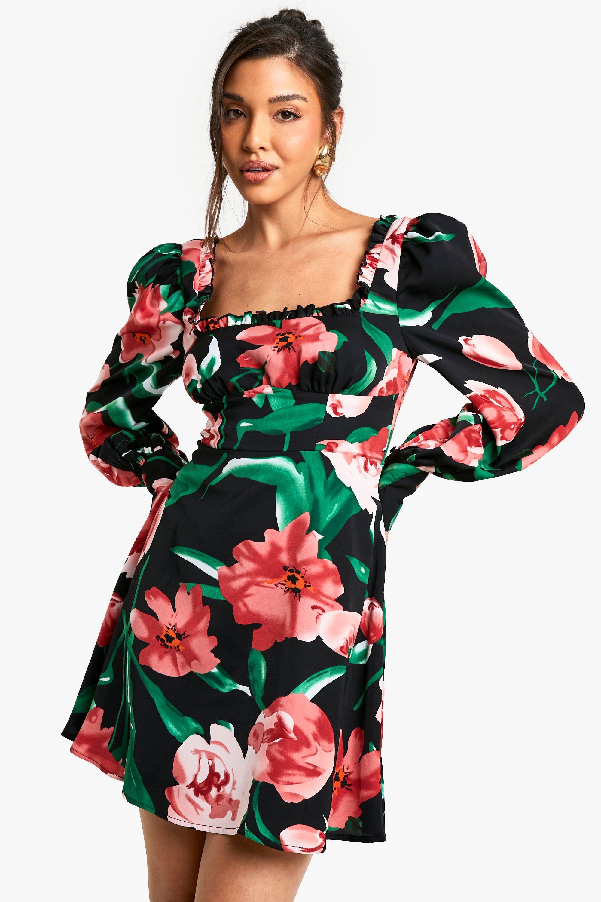 Boohoo Bloemen Melkmeisjes Mini Jurk Met Korset Detail, Black