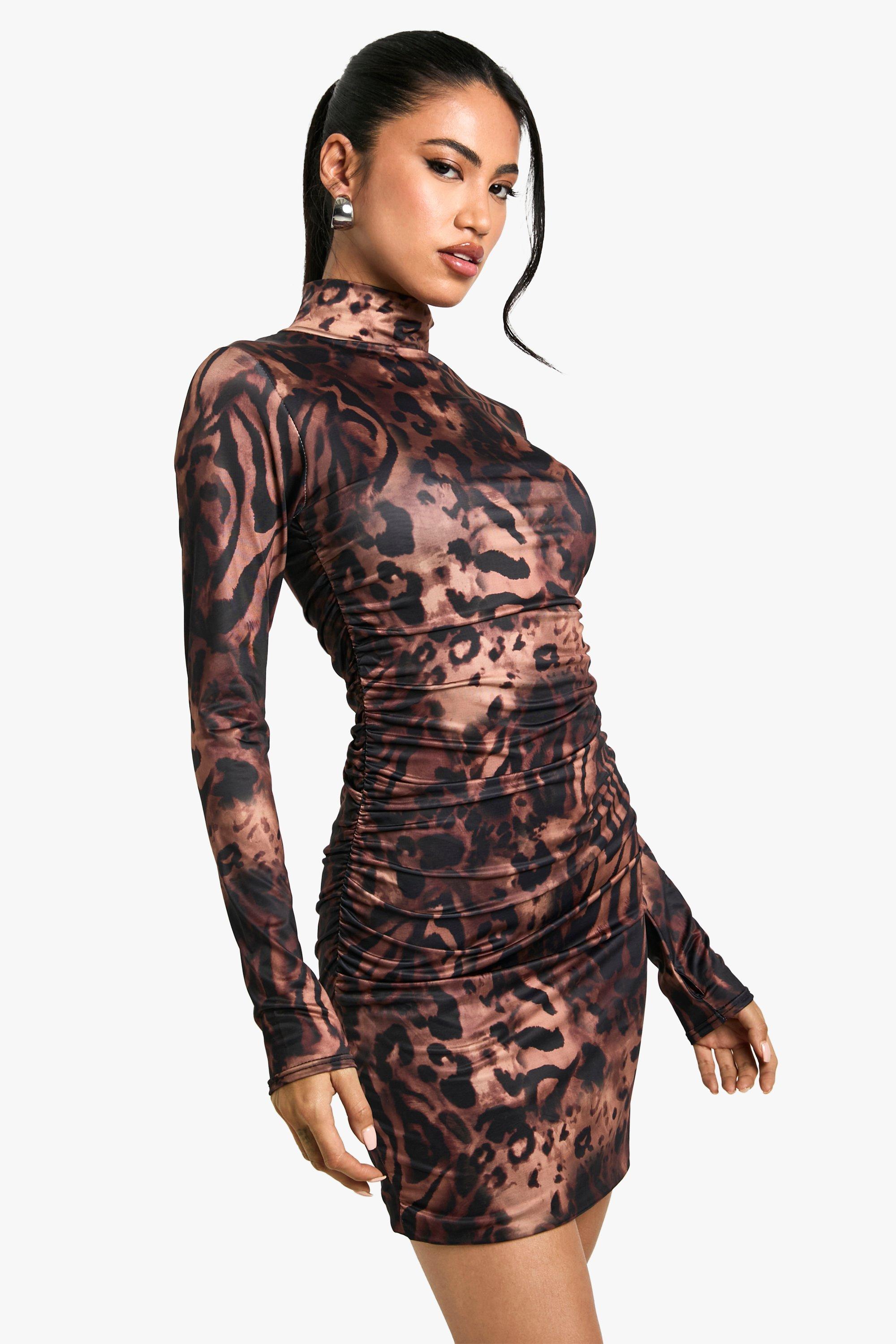 Boohoo Geplooide Strakke Luipaardprint Mini Jurk Met Hoge Hals, Leopard