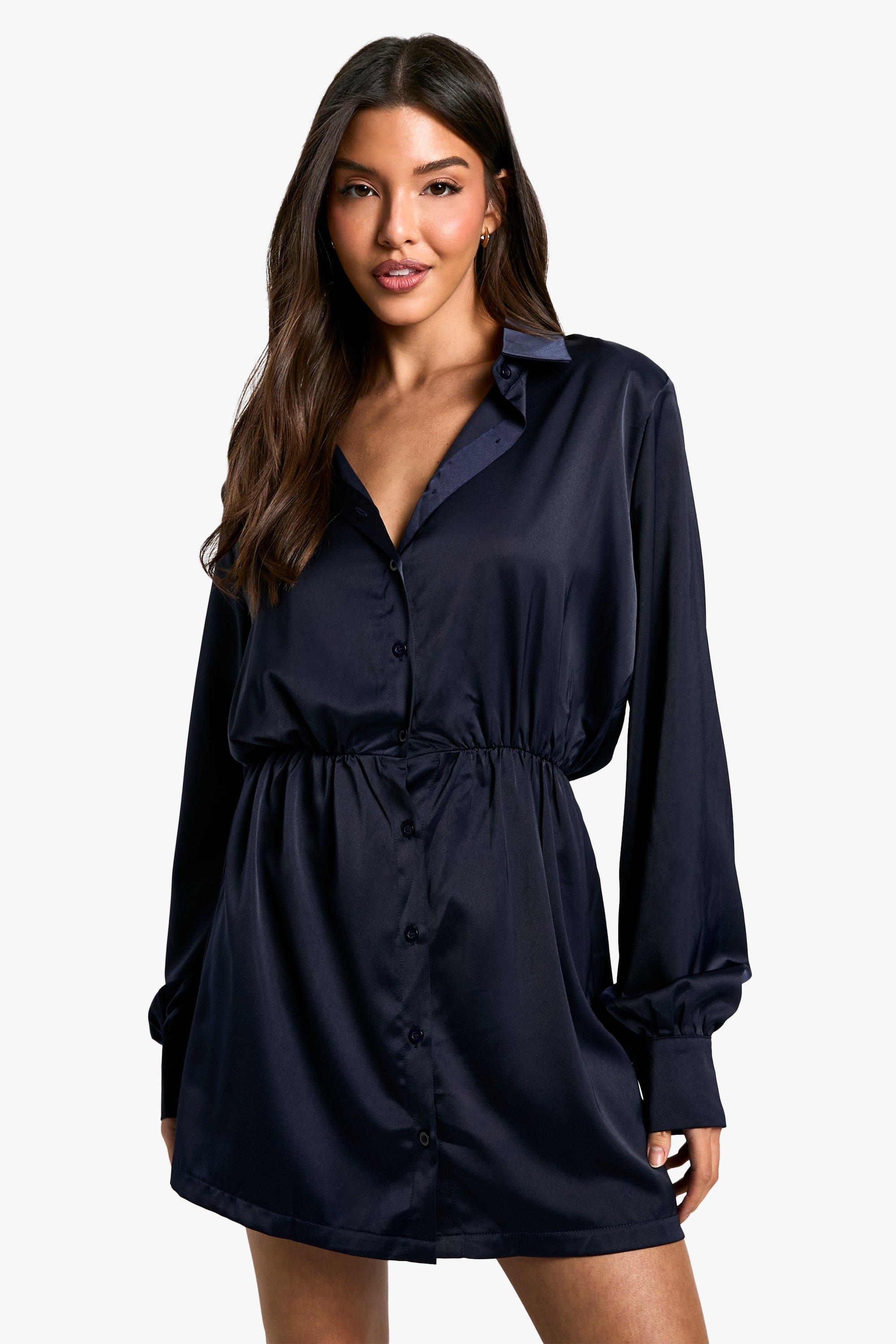 Boohoo Satijnen Blouse Jurk Met Schouderpads, Navy