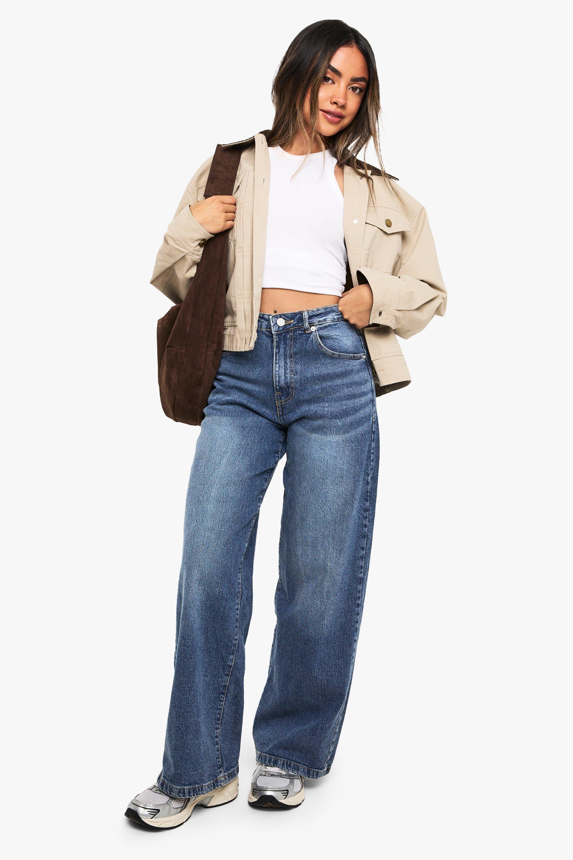 Boohoo Basic Super Wide Leg Jeans, Acid Wash Dark Blue