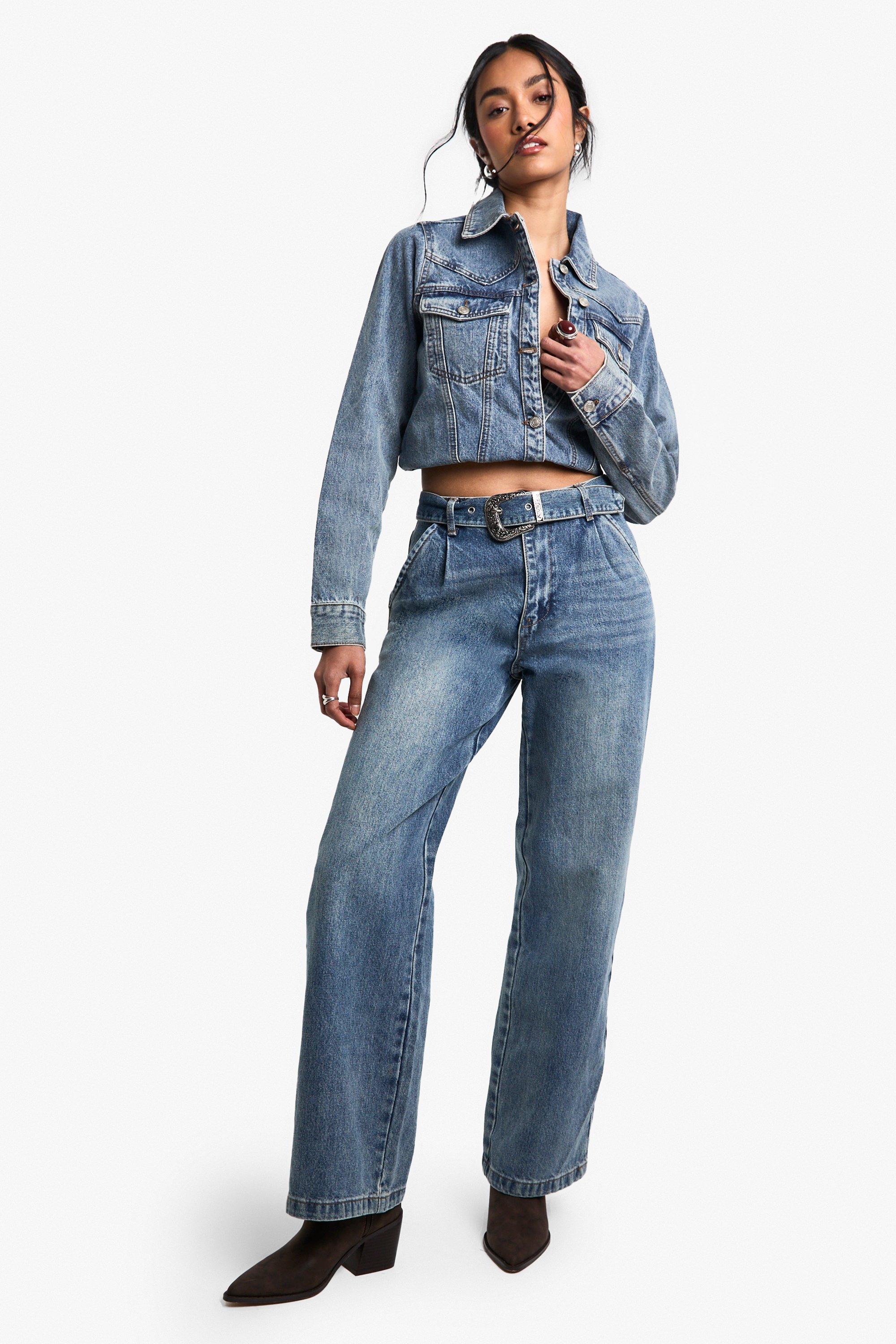 Boohoo Western Jeans Met Gesp Detail, Mid Blue