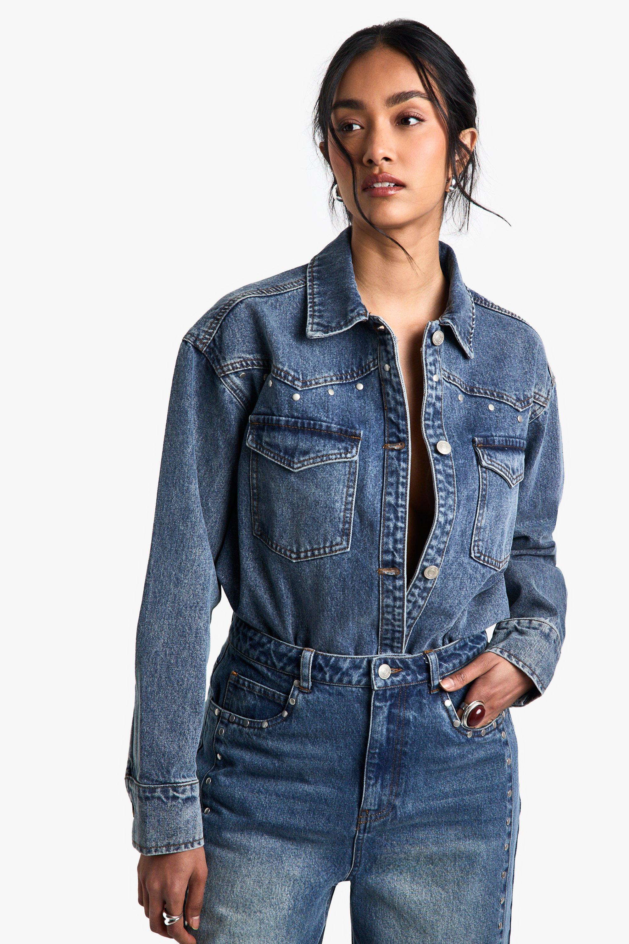 Image of Camicia in denim stile Western con borchie, Azzurro
