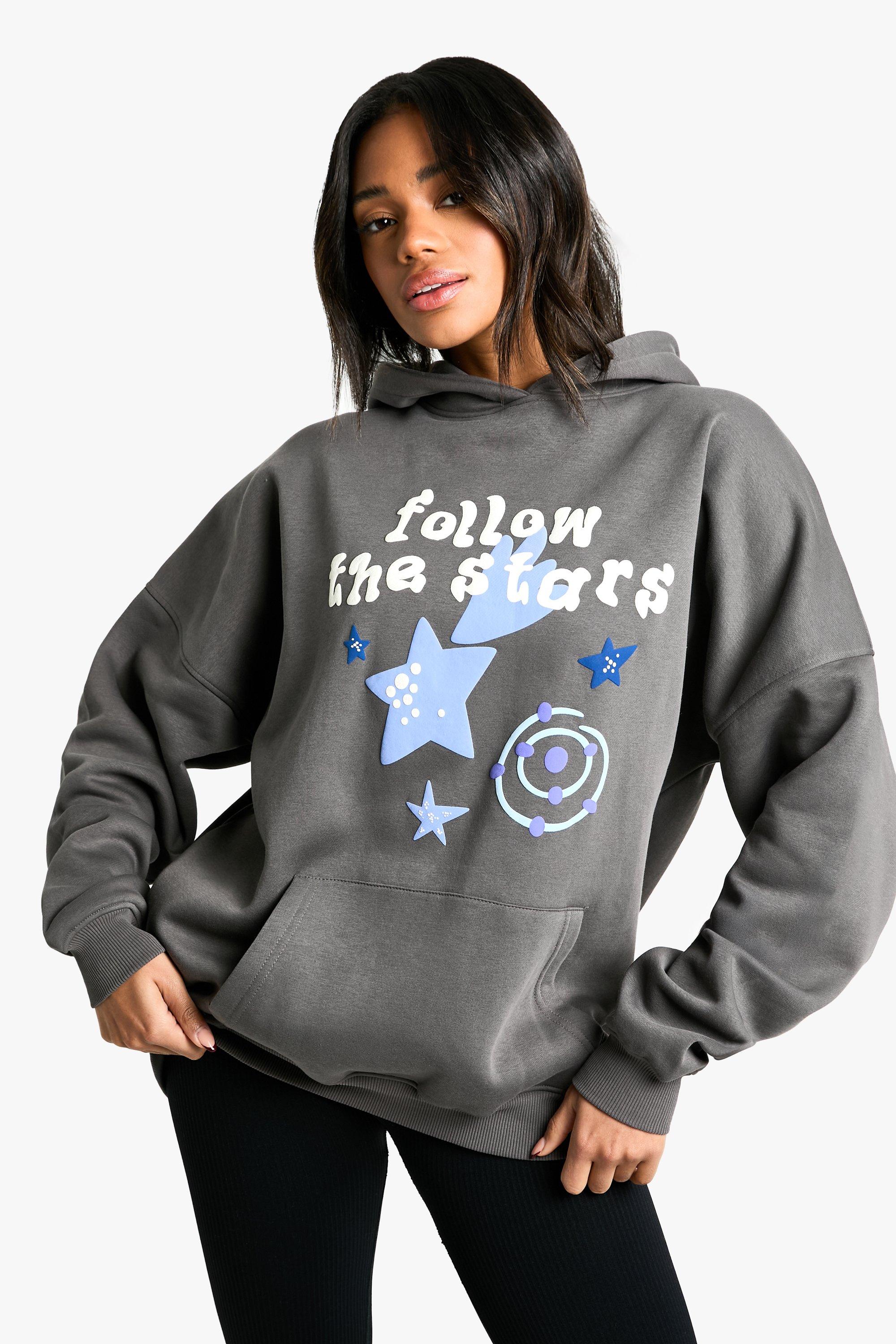 Womens Follow The Stars Printed Oversized Hoodie - Grey - S, Grey