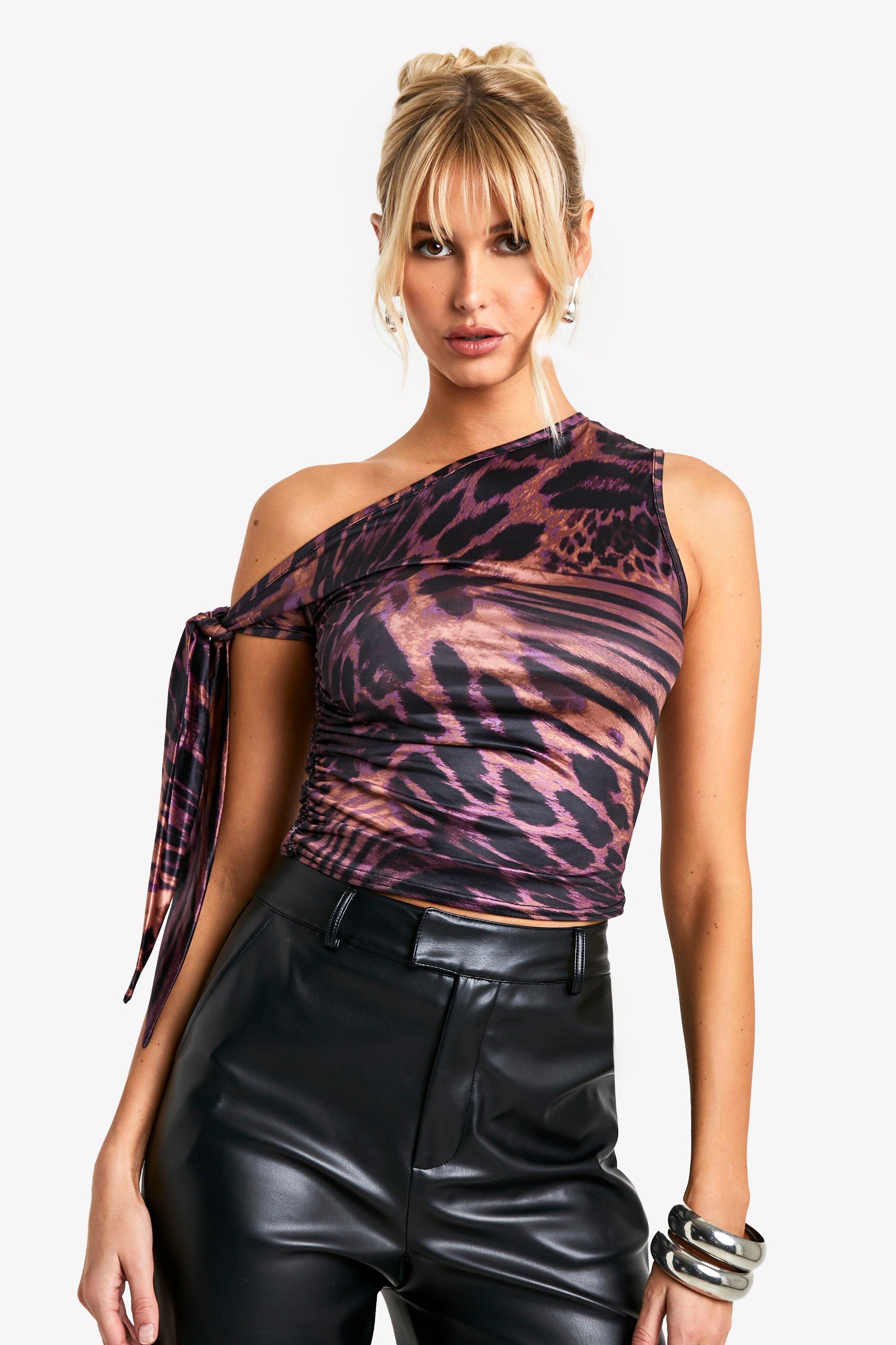 Boohoo Paarse Luipaardprint Top Met Zijstrikjes, Purple