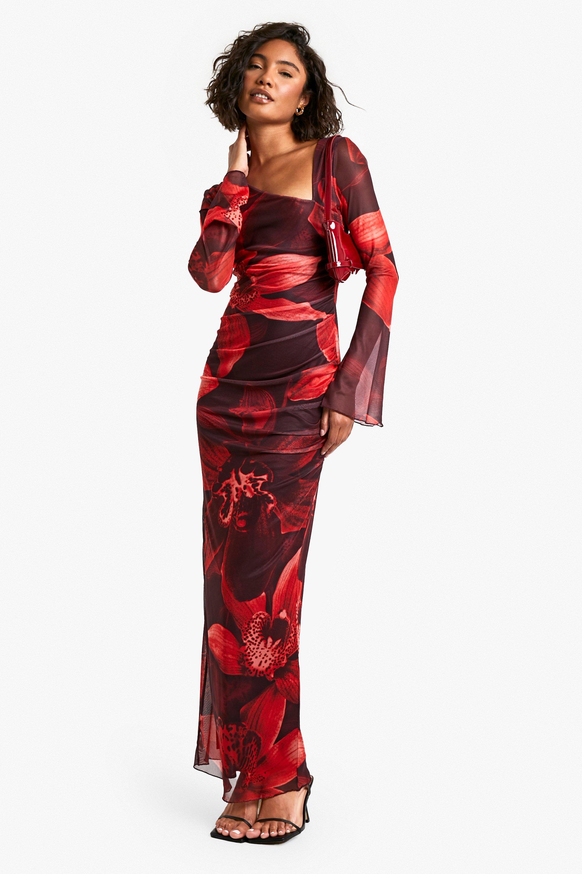 Boohoo Tall Geplooide Asymmetrische Bloemen Maxi Jurk, Cranberry