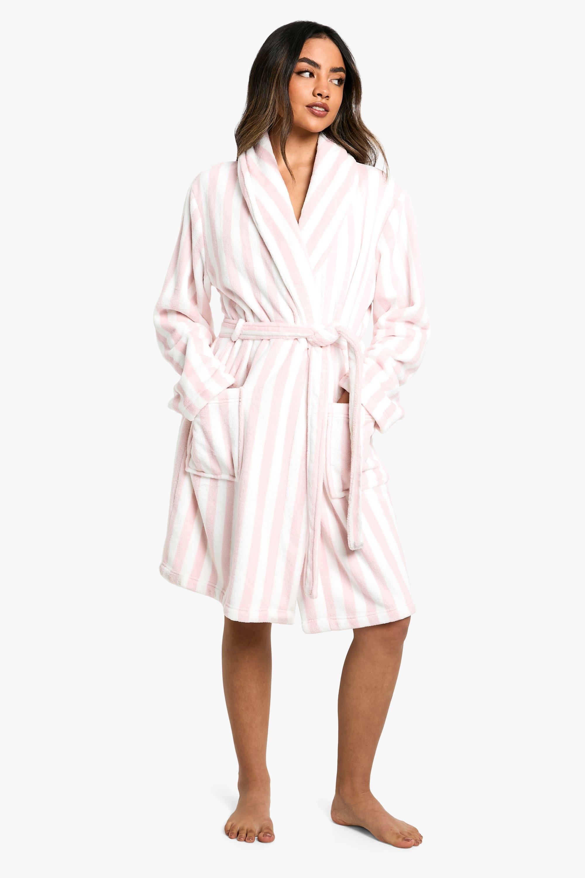 Womens Candy Stripe Fleece Dressing Gown Robe - Pink - 12, Pink