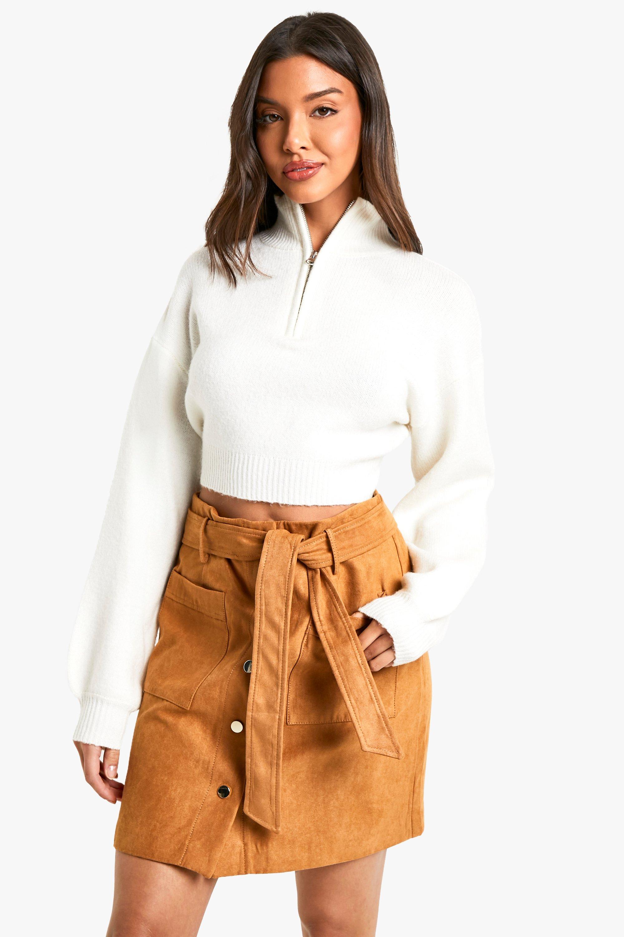 Boohoo Suède Look Mini Rokje Met Ceintuur En Knopen, Tan