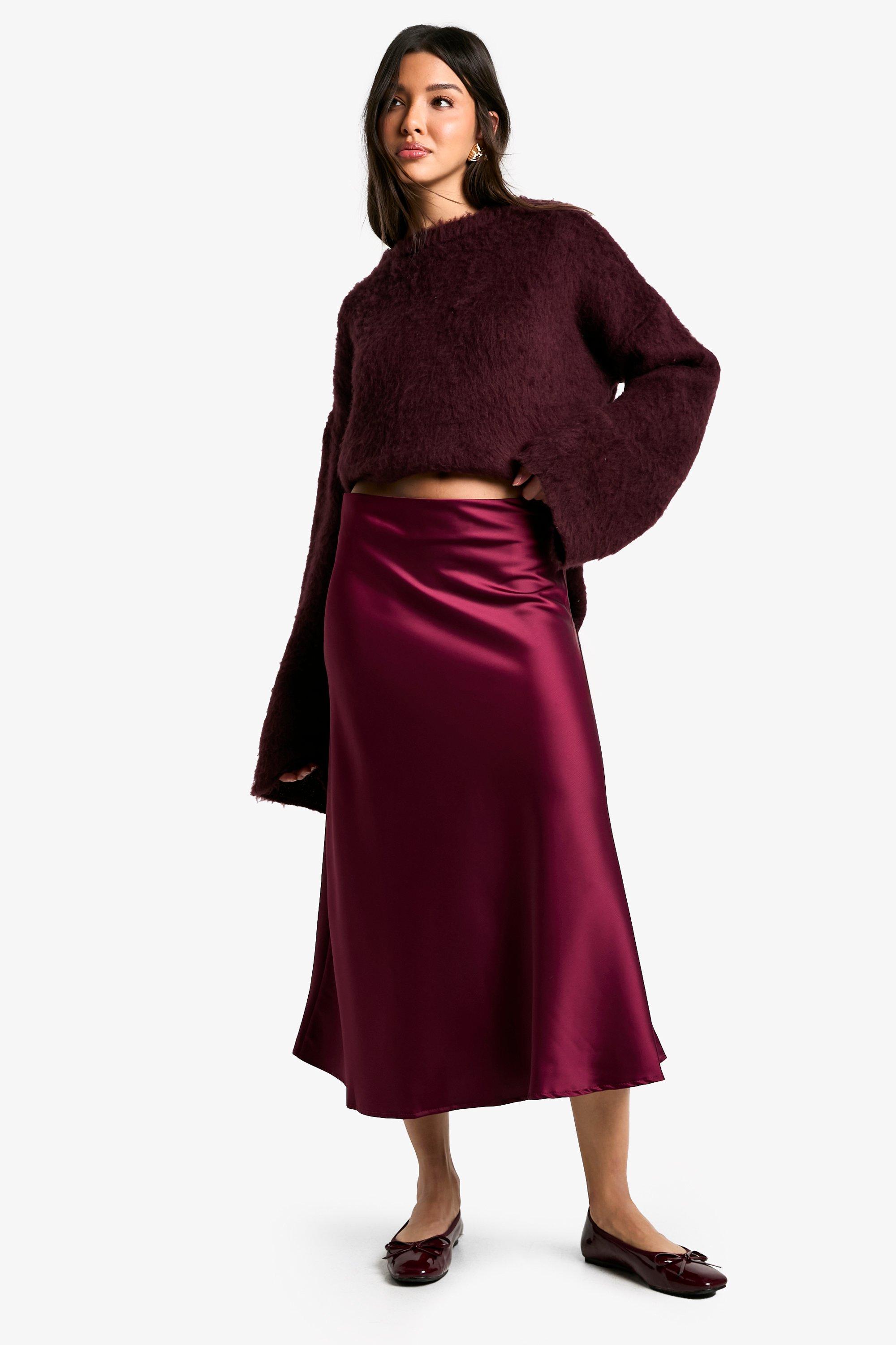 Boohoo Satijnen Bias Midi Rok, Burgundy