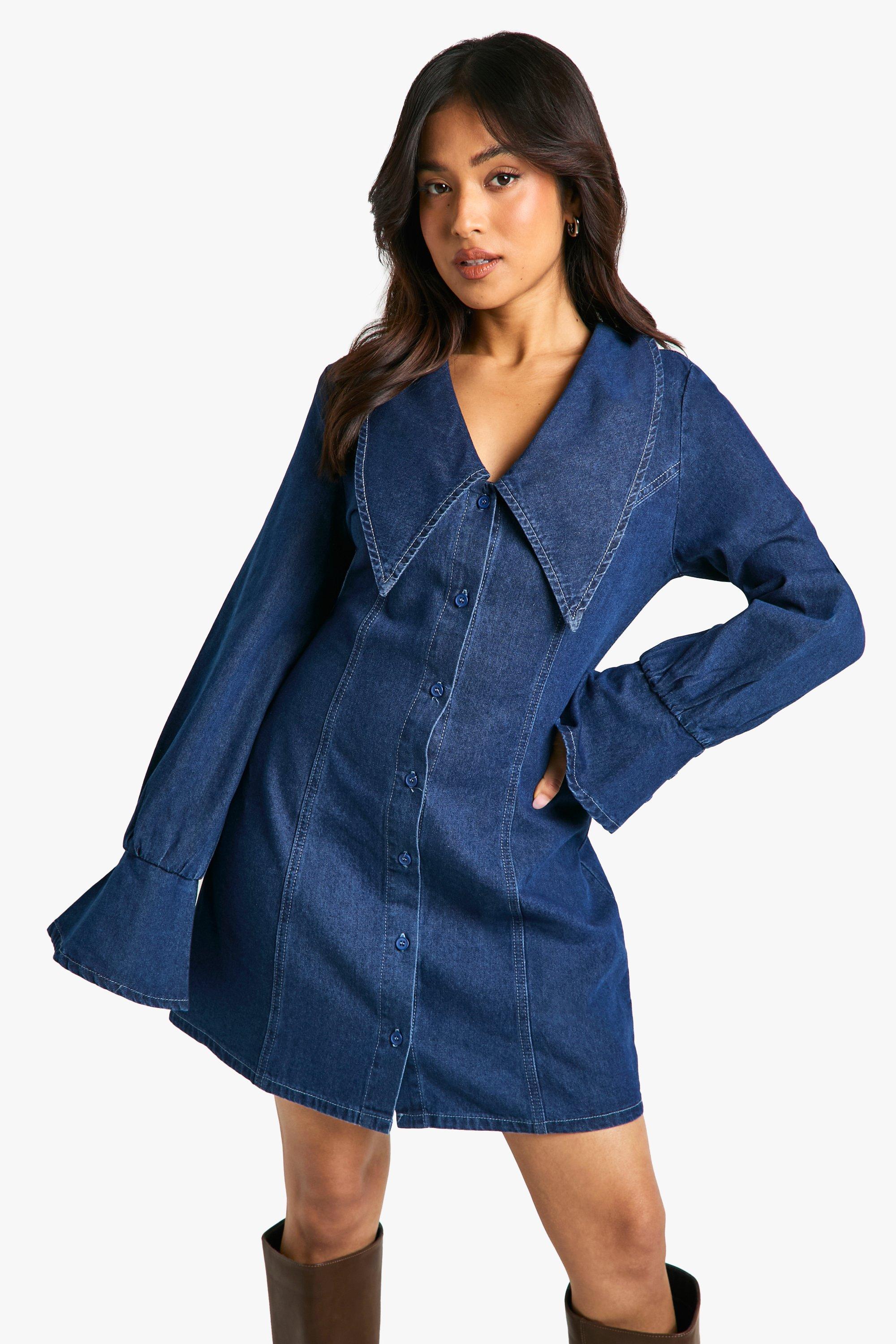 Image of Vestito a trapezio Petite in denim con colletto, Azzurro