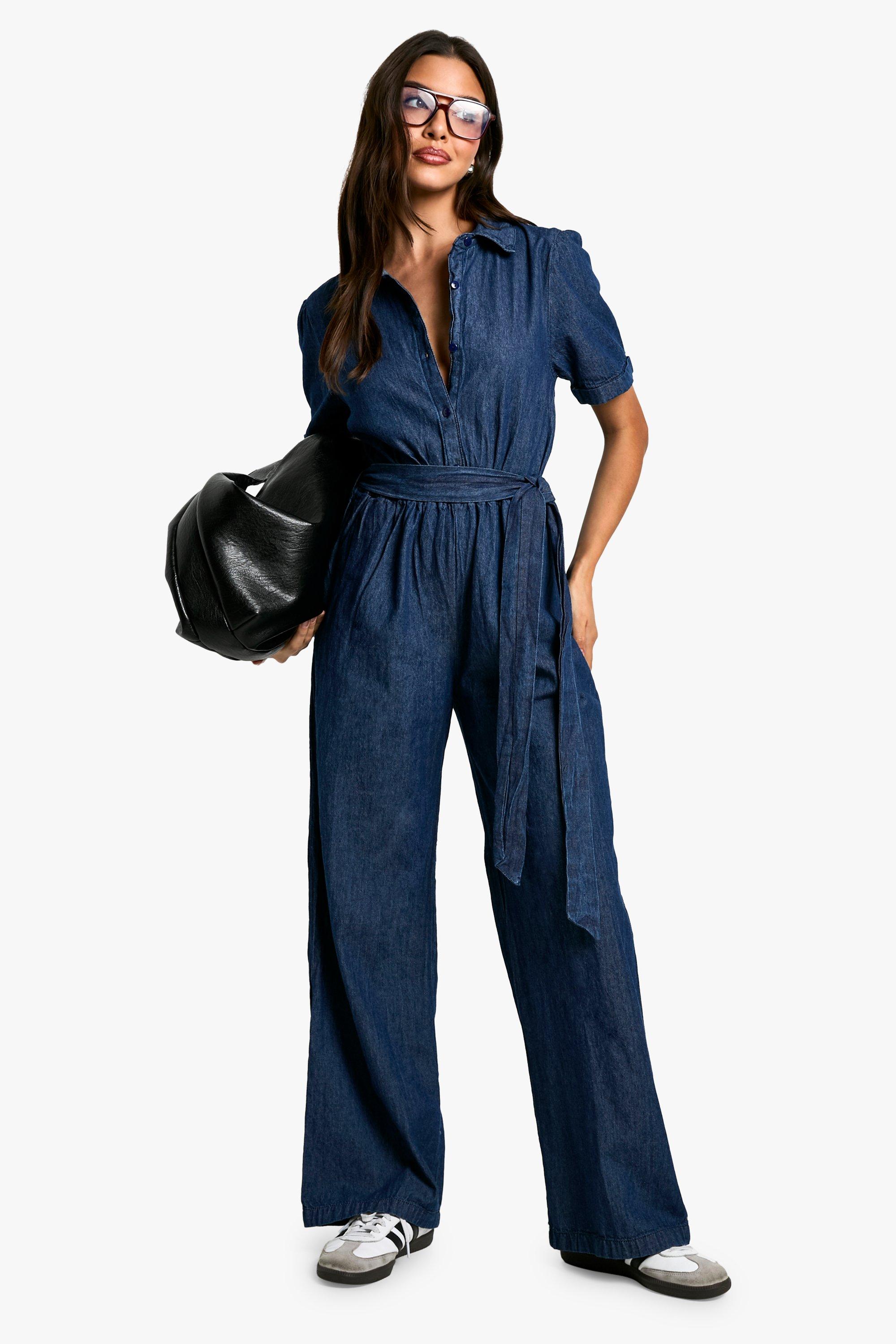 Boohoo Chambray Denim Jumpsuit, Dark Indigo