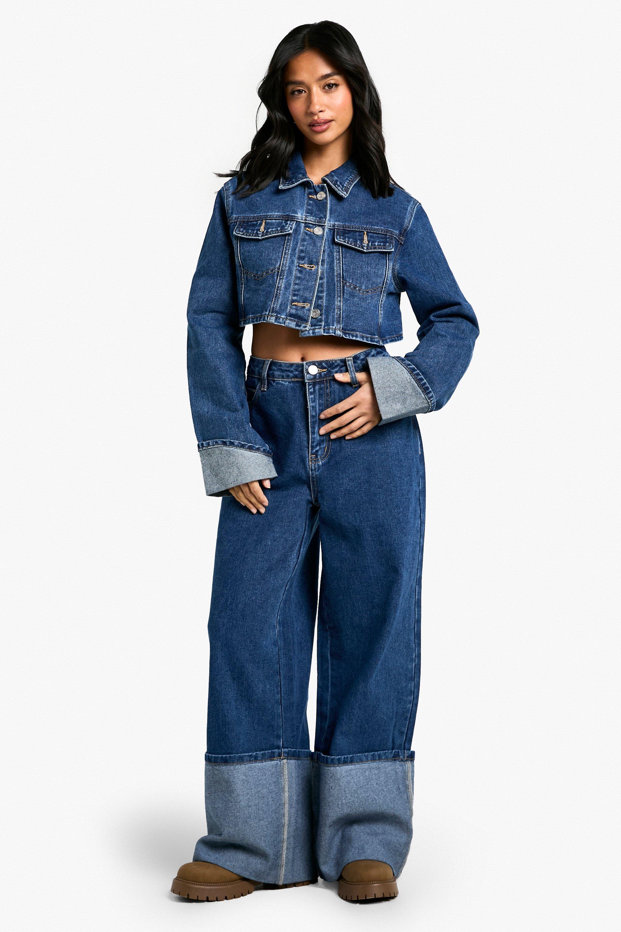 Boohoo Petite Wide Leg Jeans Met Extreem Omgeslagen Pijpen, Blue