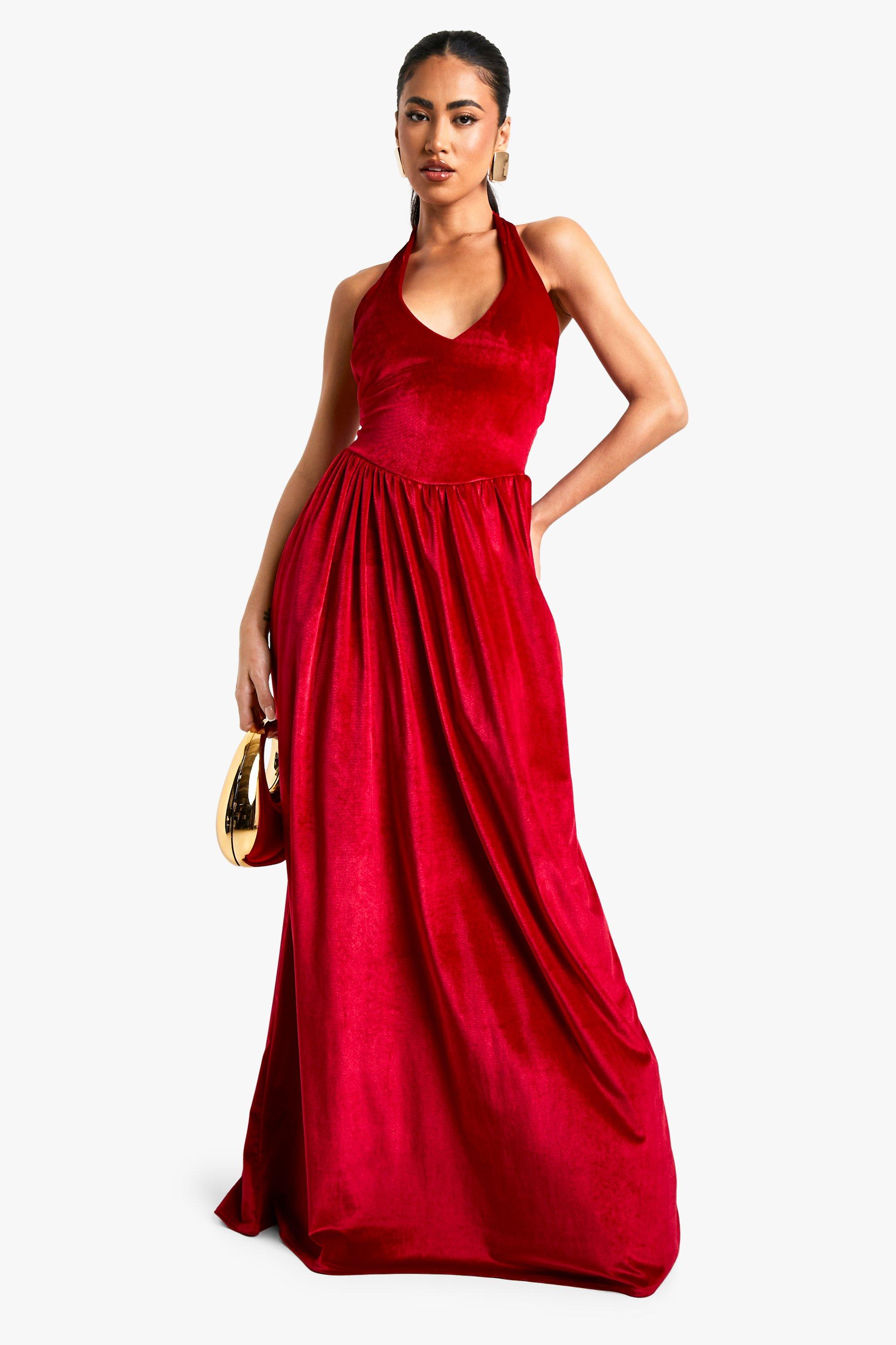 Boohoo Fluwelen Melkmeisjes Maxi Jurk Met Lage Ronde Hals, Red