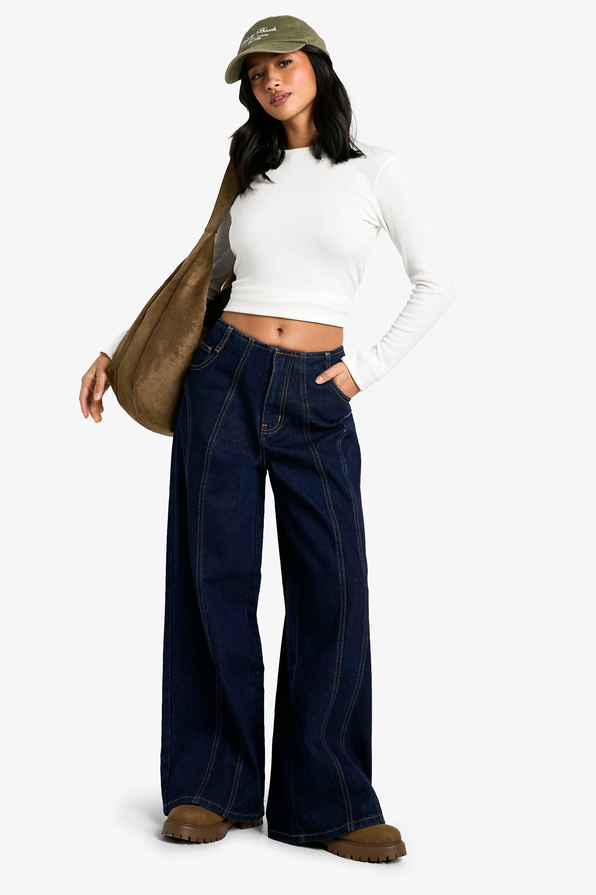 Boohoo Petite Indigo Wide Leg Jeans Met Naaddetail, Indigo