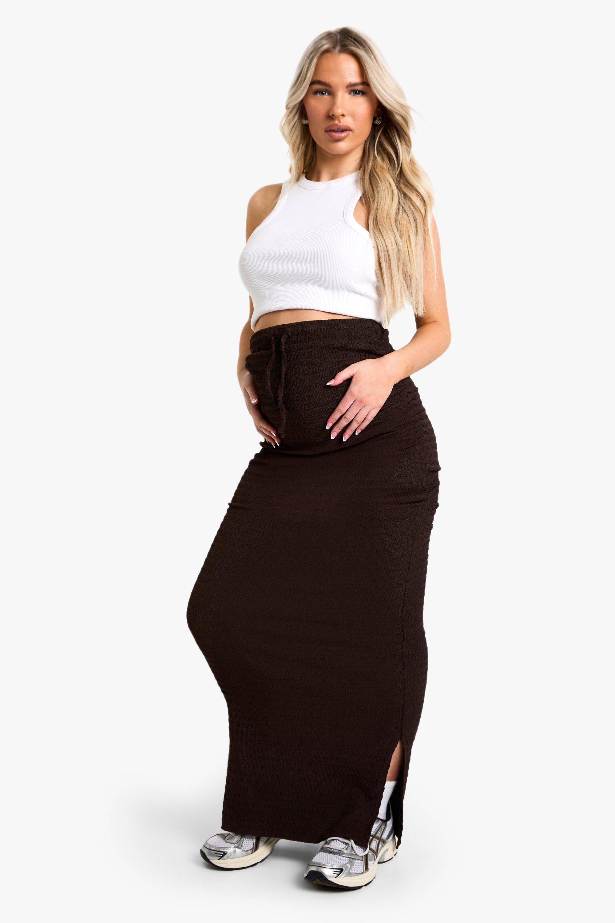 Boohoo Zwangerschap Maxi Rok Met Textuur, Elastische Taille En Touwtjes, Chocolate