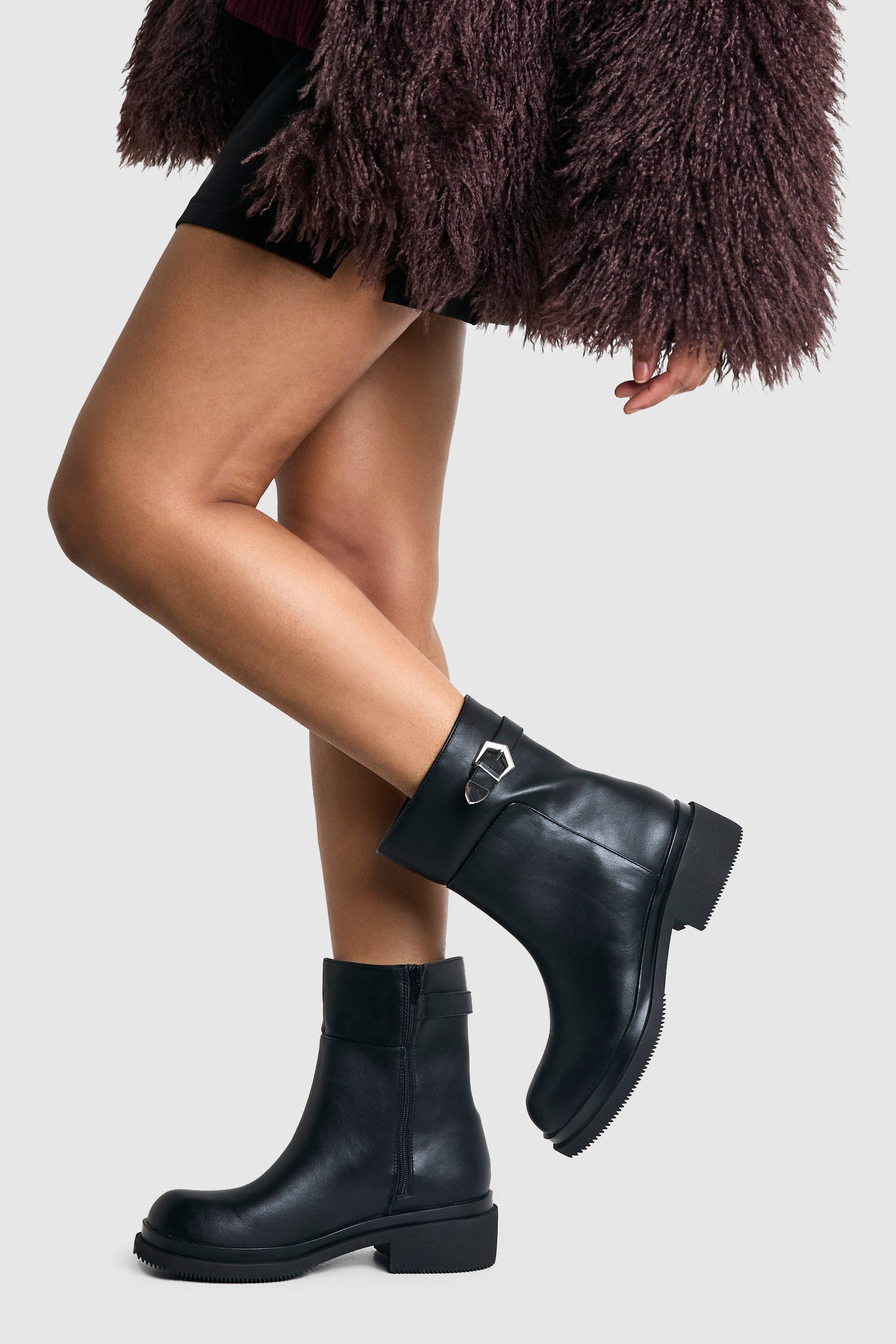 Boohoo Wide Fit Buckle Detail Chunky Ankle Boots, Black