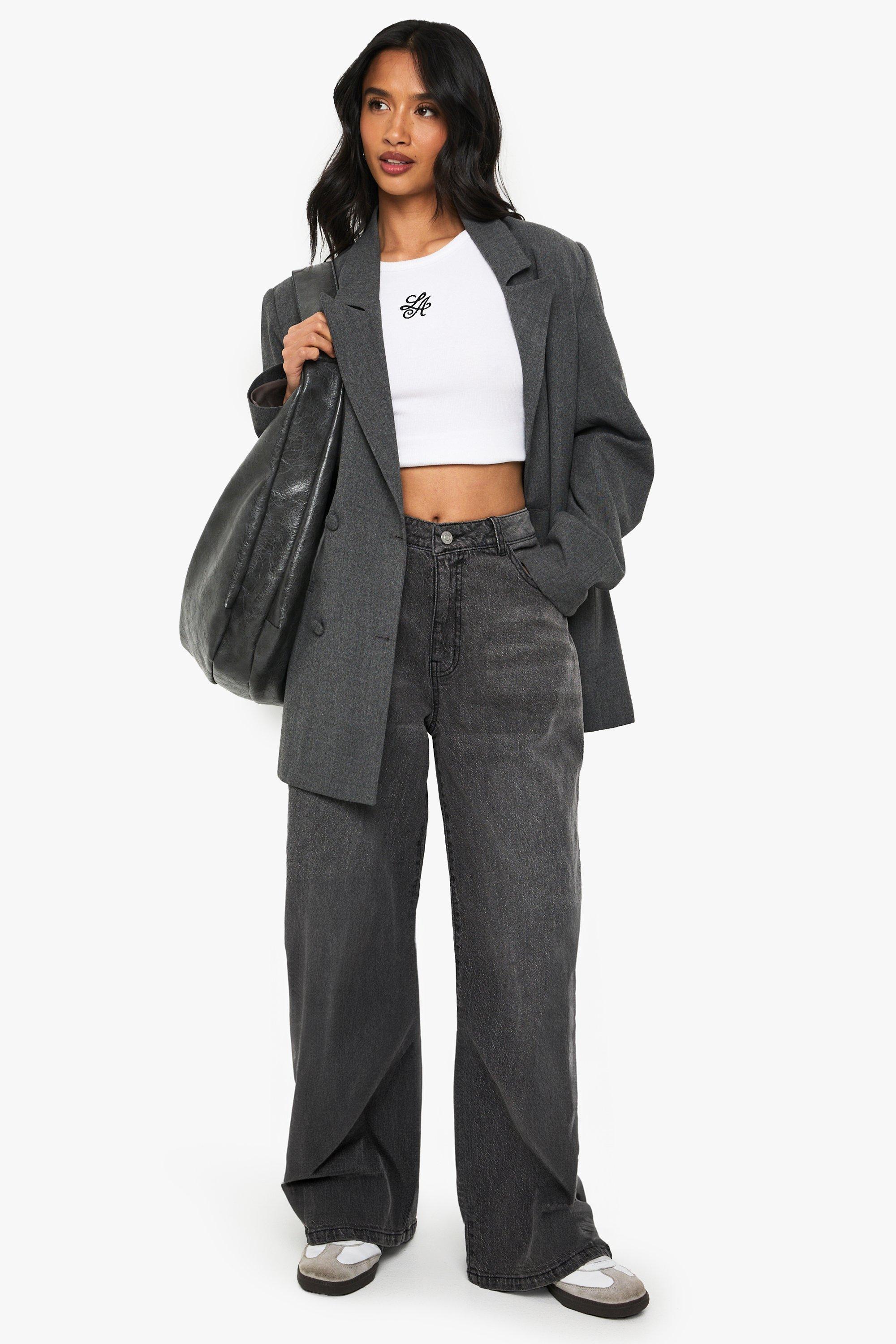 Boohoo Petite Basic Wide Leg Jeans, Mid Grey