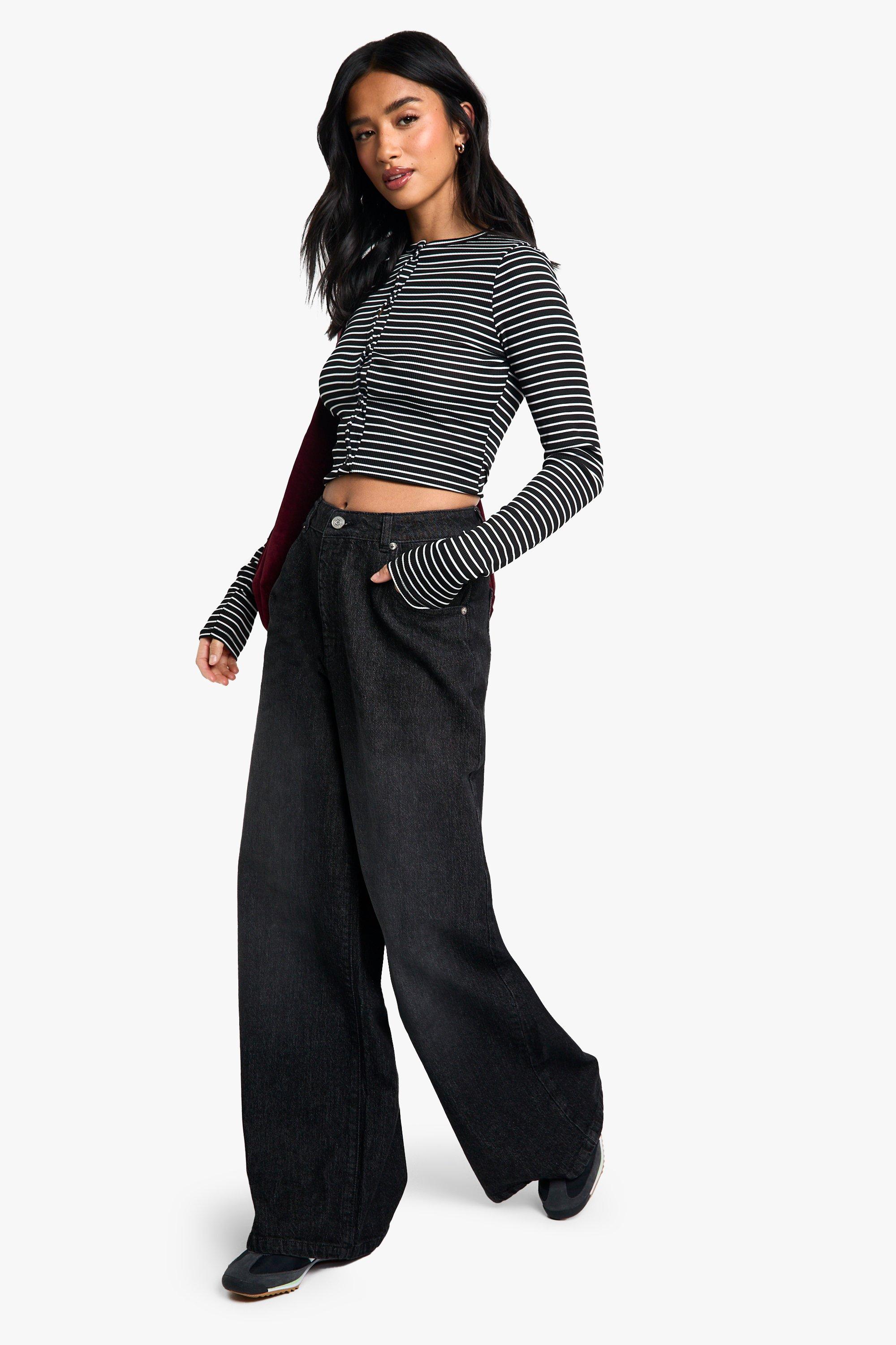 Boohoo Petite Basic Super Wide Leg Jeans, Washed Black